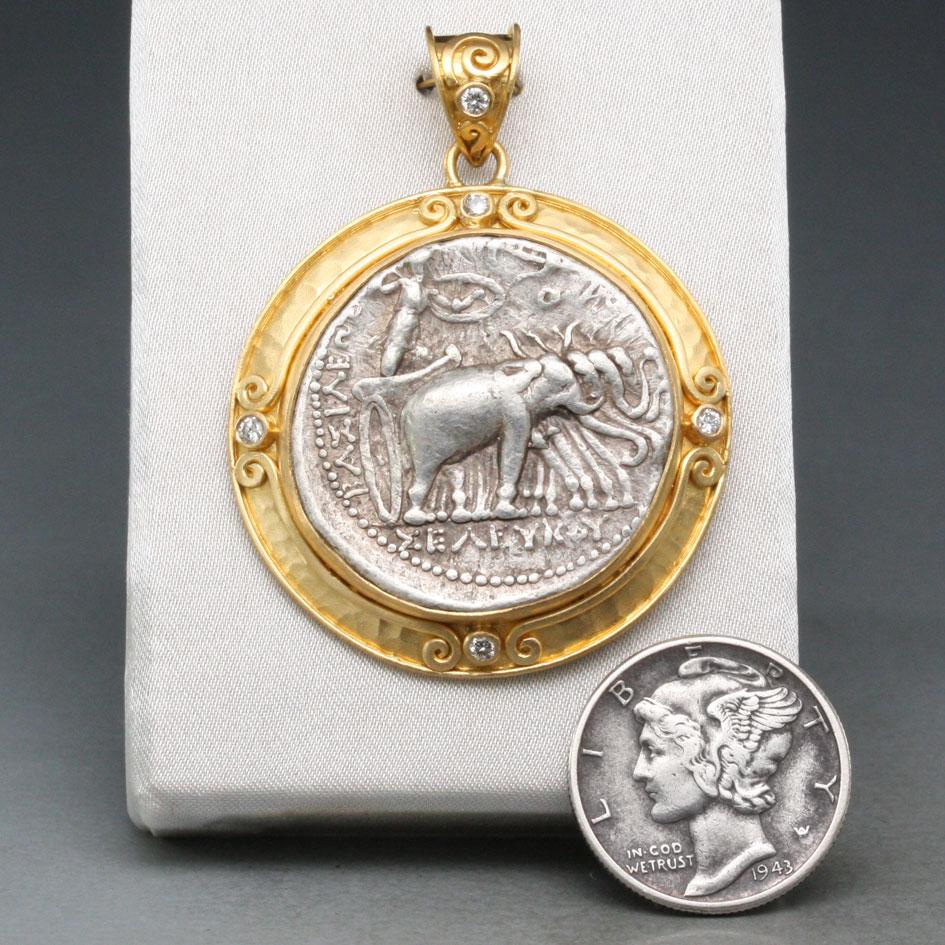 Ancient Greek 3rd Century BC Seleucid Elephants Coin 22K Gold Diamonds Pendant  In New Condition For Sale In Soquel, CA