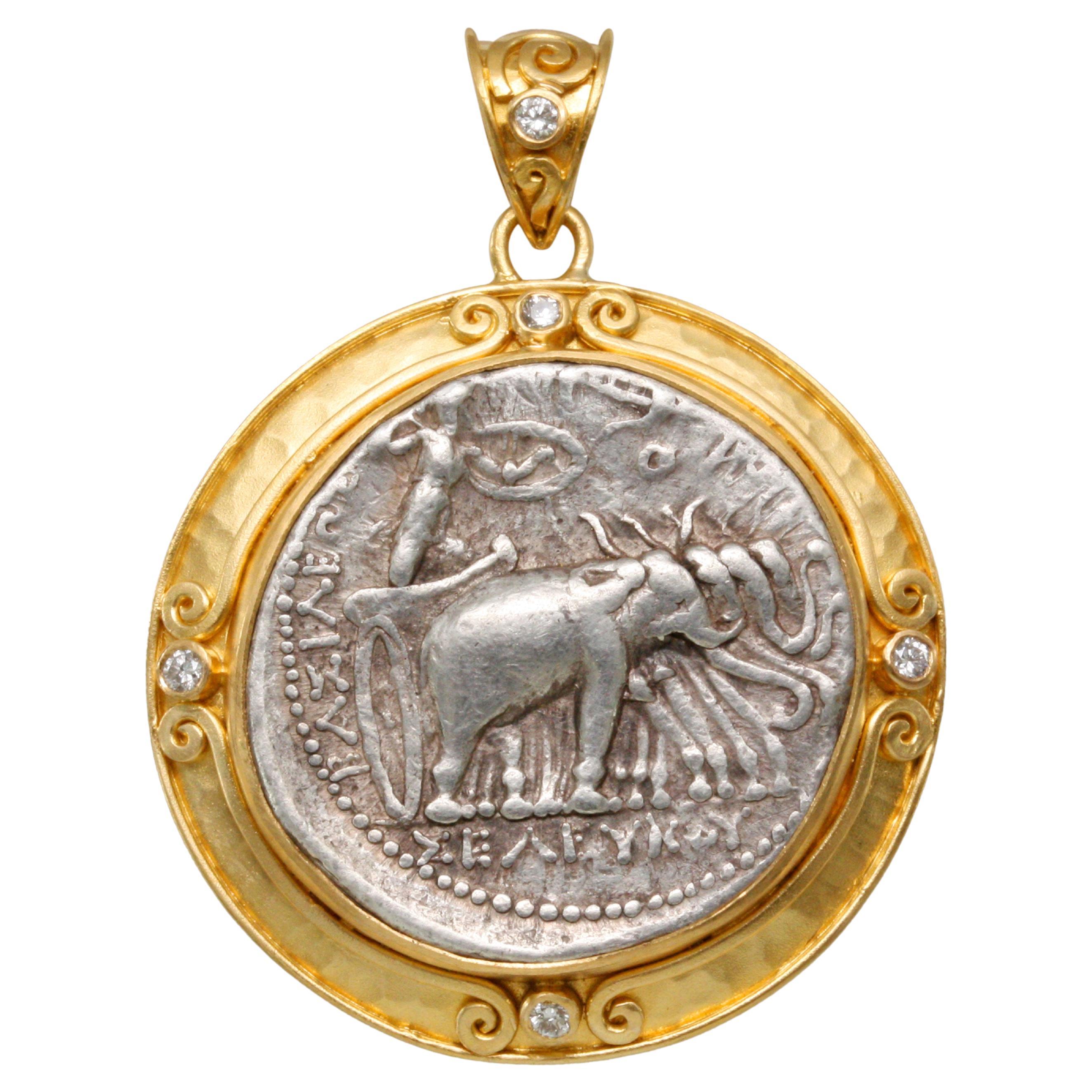 Ancient Greek 3rd Century BC Seleucid Elephants Coin 22K Gold Diamonds Pendant  For Sale