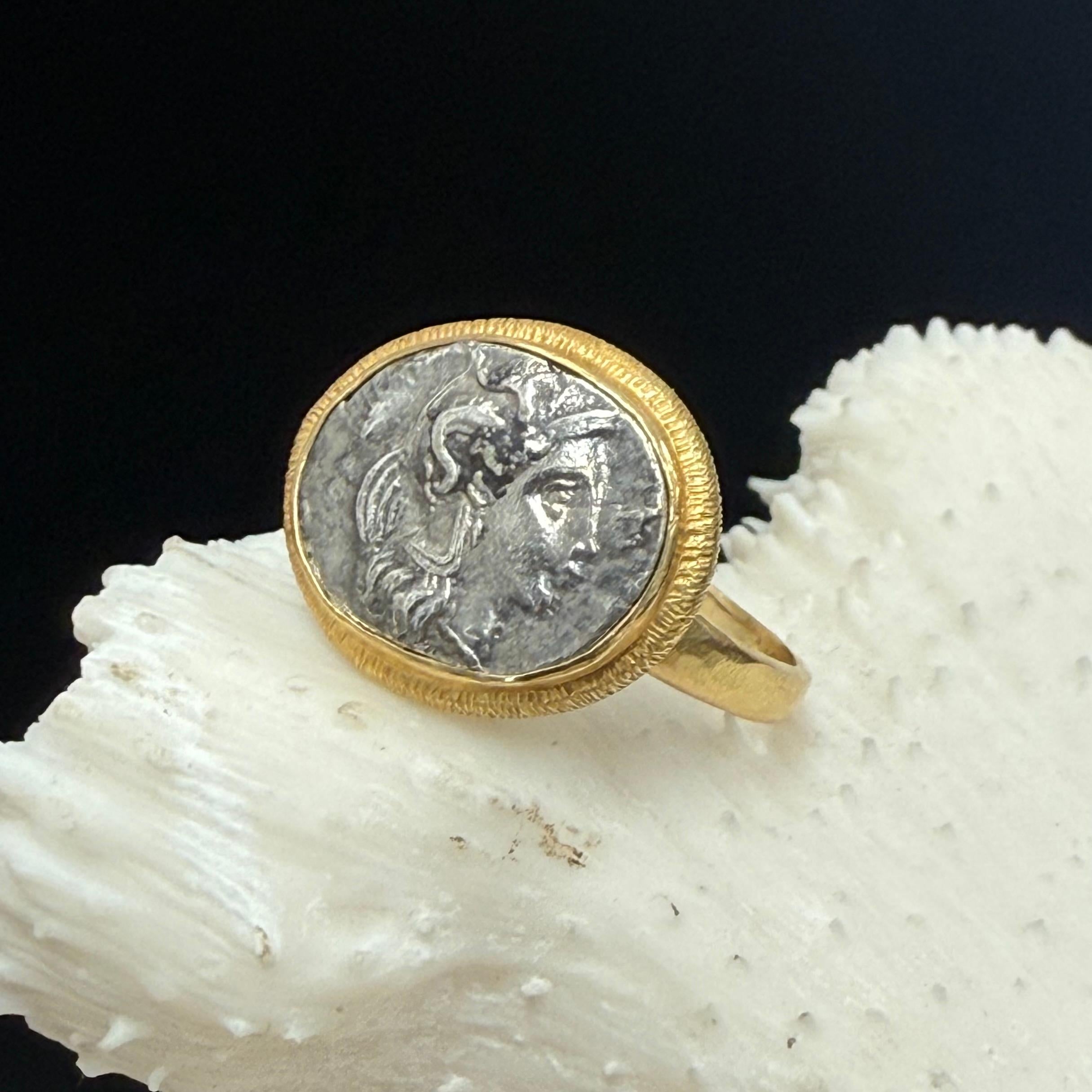Antike griechische 3. Jahrhundert v. Chr. Silber Athena Münze 18K Gold Ring im Angebot 1