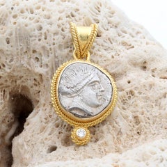 Ancient Greek 3rd Century BC Silver Nymph Coin Diamond 18K Gold Pendant