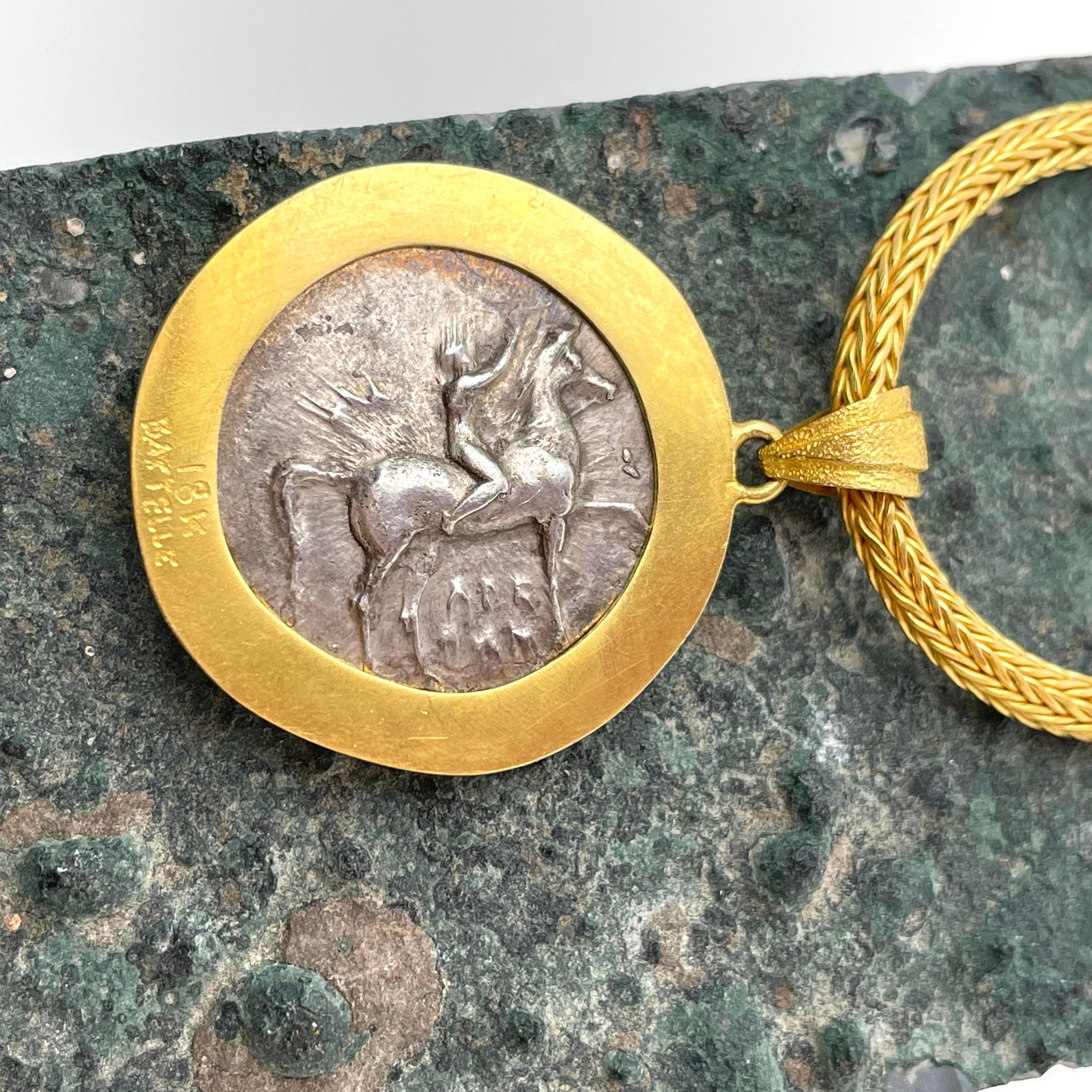 Classical Greek Ancient Greek 3rd Century BC Tarentum Dolphin Coin 18K Gold Pendant For Sale