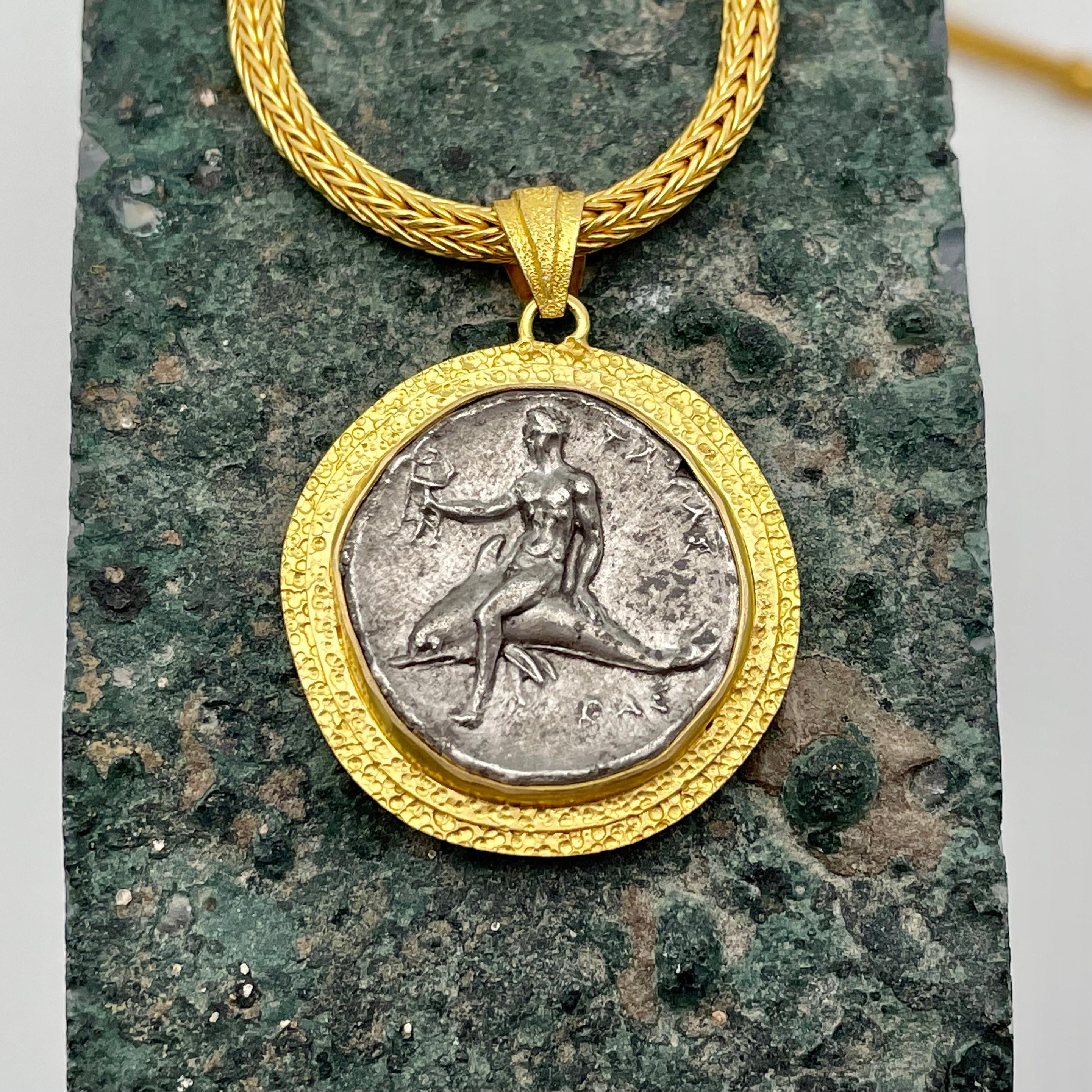 Women's or Men's Ancient Greek 3rd Century BC Tarentum Dolphin Coin 18K Gold Pendant For Sale