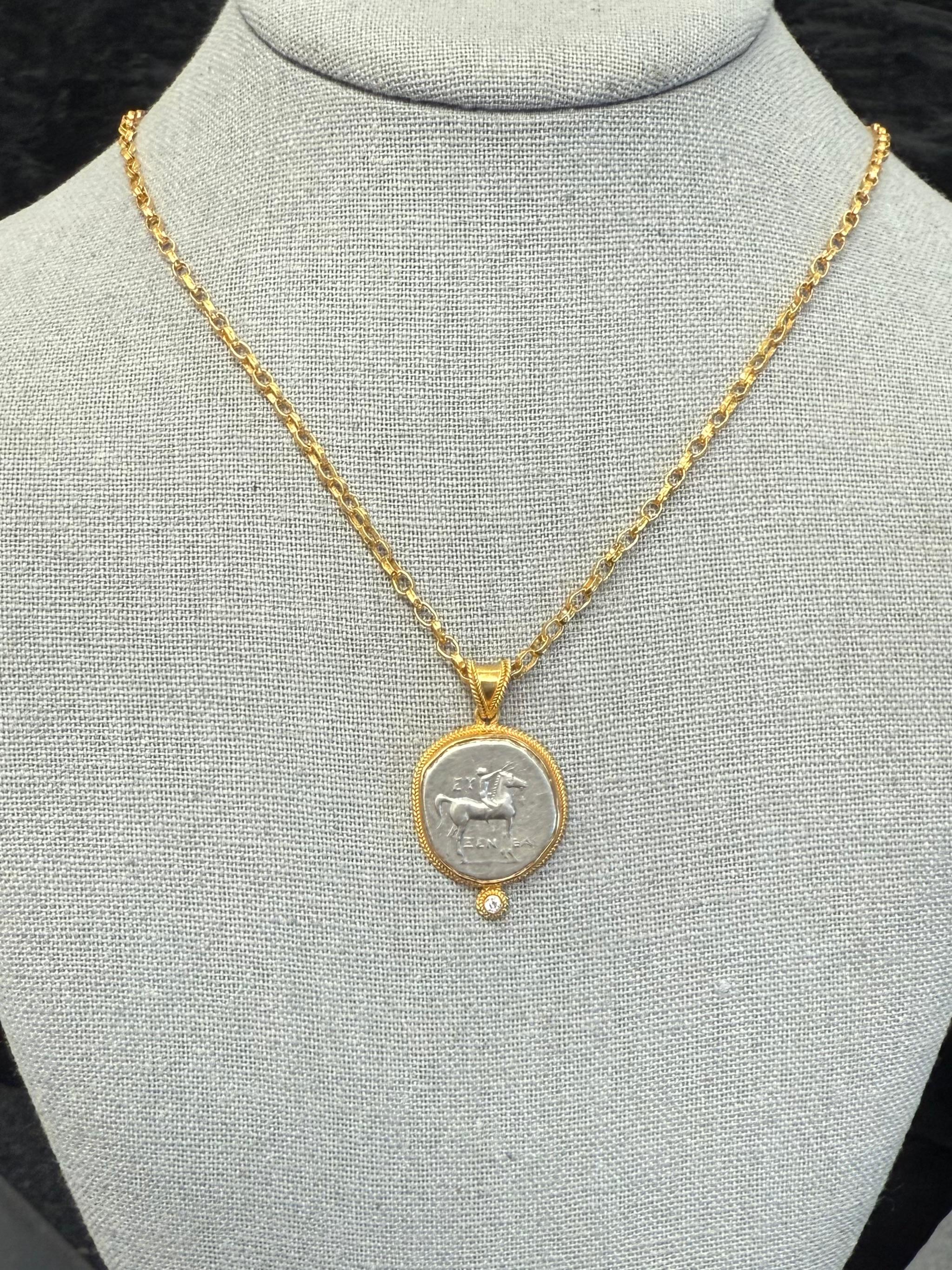 Antike griechische 3. Jahrhundert v. Chr. Jugend auf Pferd Münze Diamant 18K Gold-Anhänger im Zustand „Neu“ im Angebot in Soquel, CA