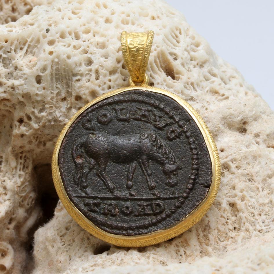 Ancient Greek 3rd Century Bronze Horse Coin 18K Gold Pendant 1