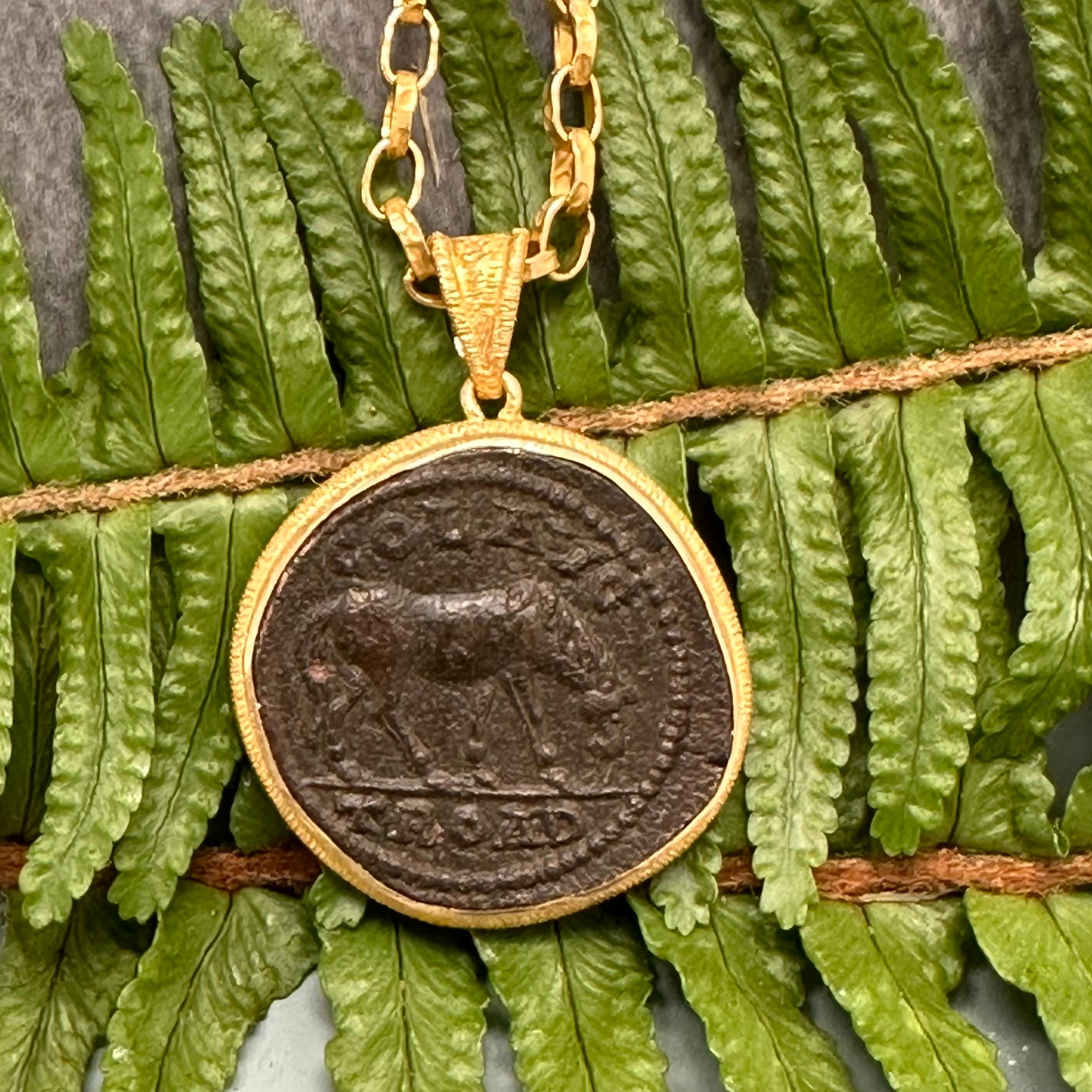 Ancient Greek 3rd Century Bronze Horse Coin 18K Gold Pendant 3