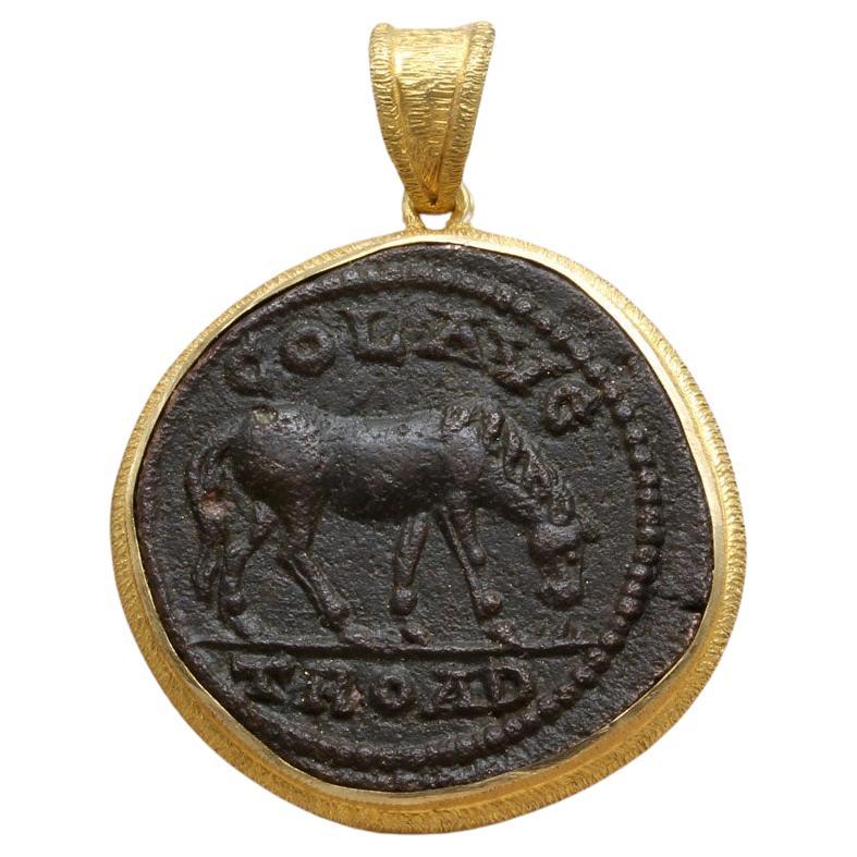 Ancient Greek 3rd Century Bronze Horse Coin 18K Gold Pendant