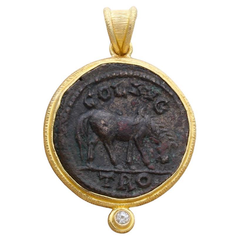 Ancient Greek 3rd Century Horse Coin Diamond 18K Gold Pendant