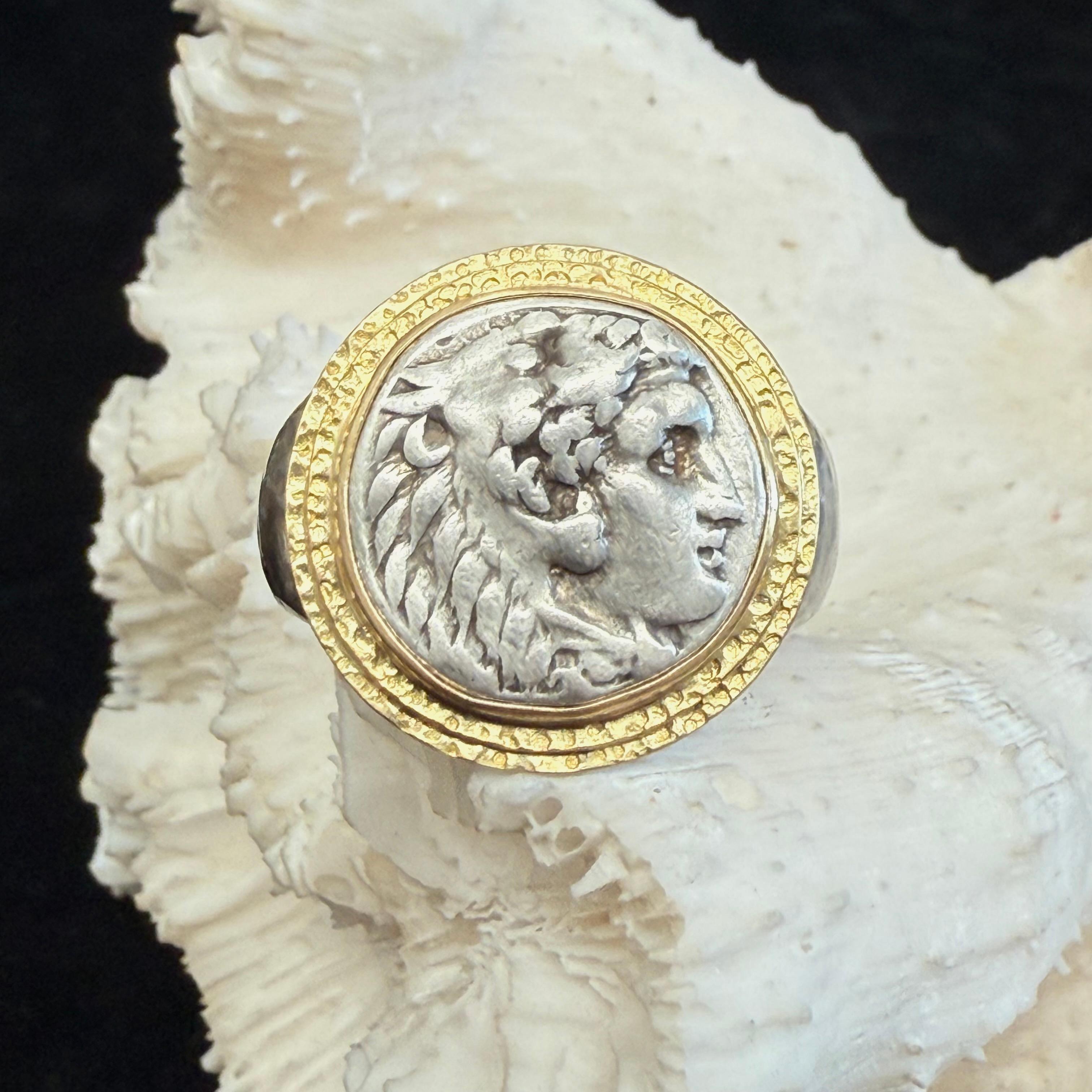 Bague grecque ancienne du 4e siècle avant J.-C. Alexander the Great en argent sterling et or 18 carats en vente 7