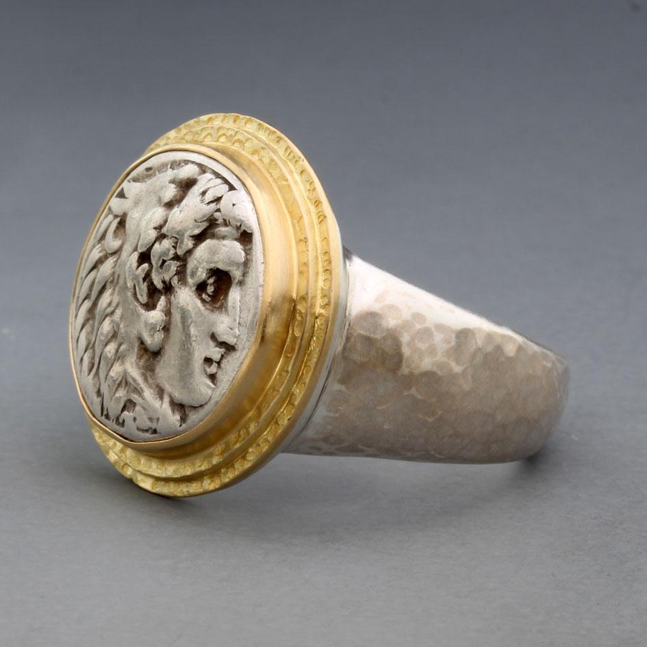 Grec classique Bague grecque ancienne du 4e siècle avant J.-C. Alexander the Great en argent sterling et or 18 carats en vente