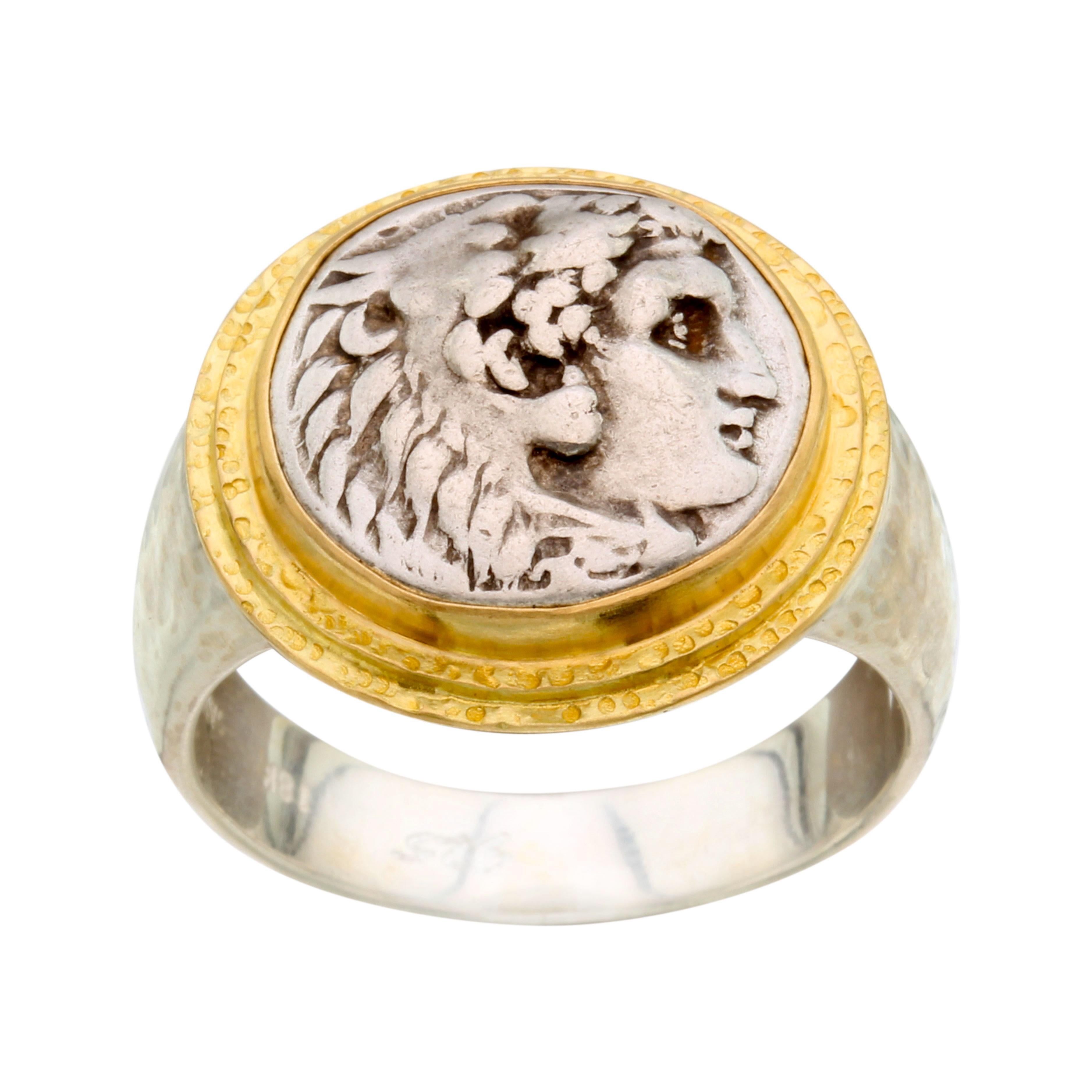Bague grecque ancienne du 4e siècle avant J.-C. Alexander the Great en argent sterling et or 18 carats en vente 2
