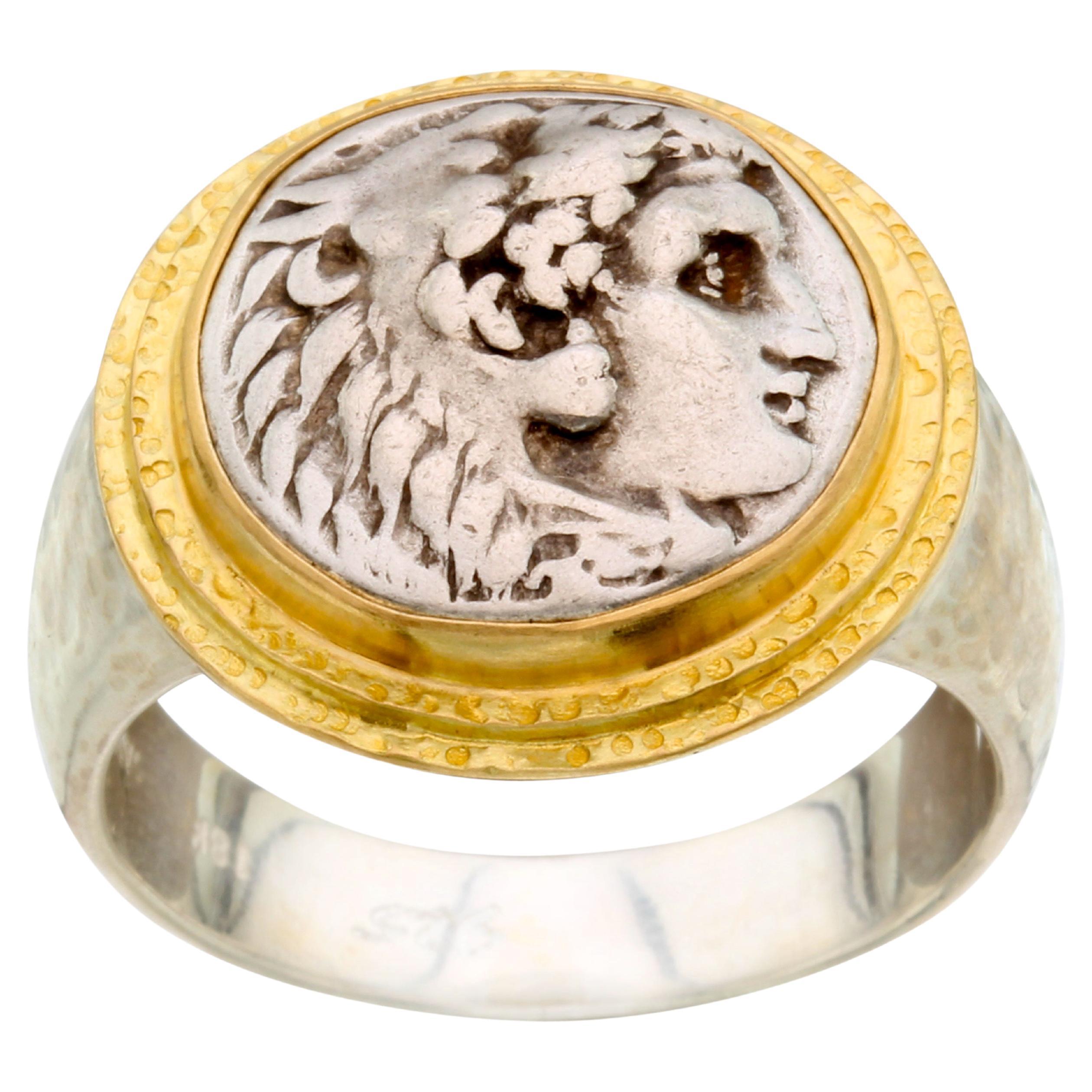 Ancient Greek 4th Century BC Alexander the Great 18K Gold Sterling Silver Ring