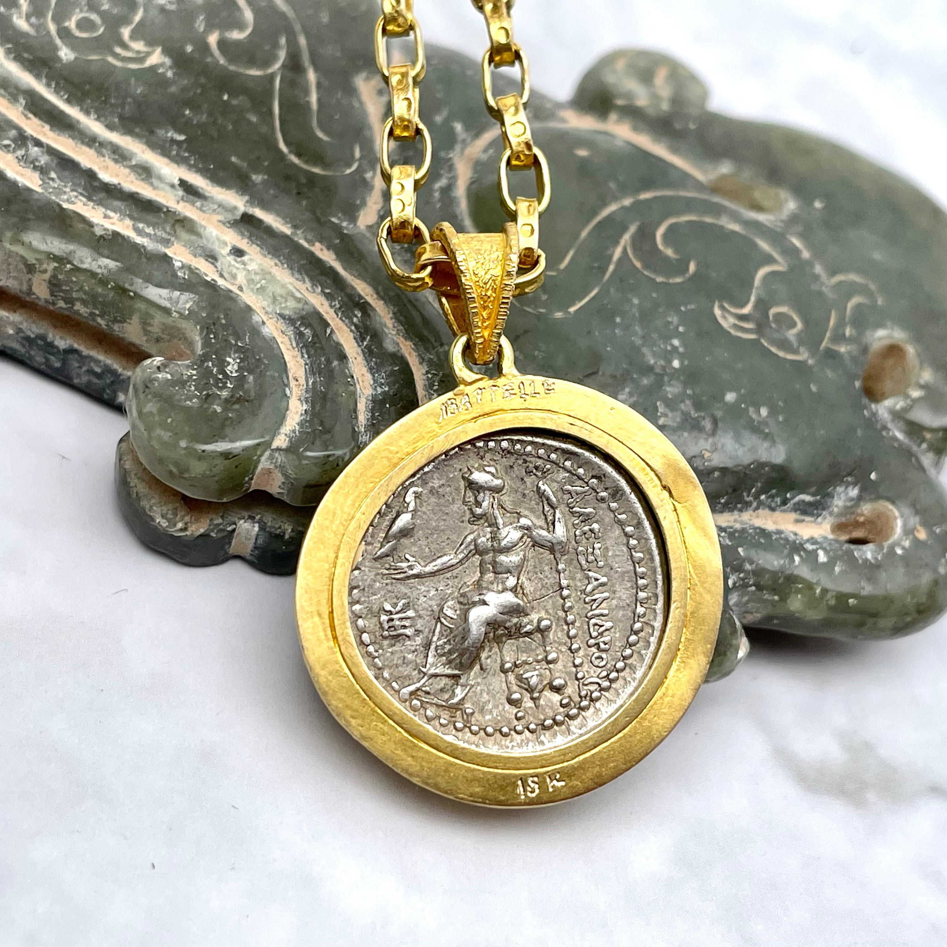 Women's or Men's Ancient Greek 4th Century BC Alexander the Great Coin 18K Gold Pendant For Sale