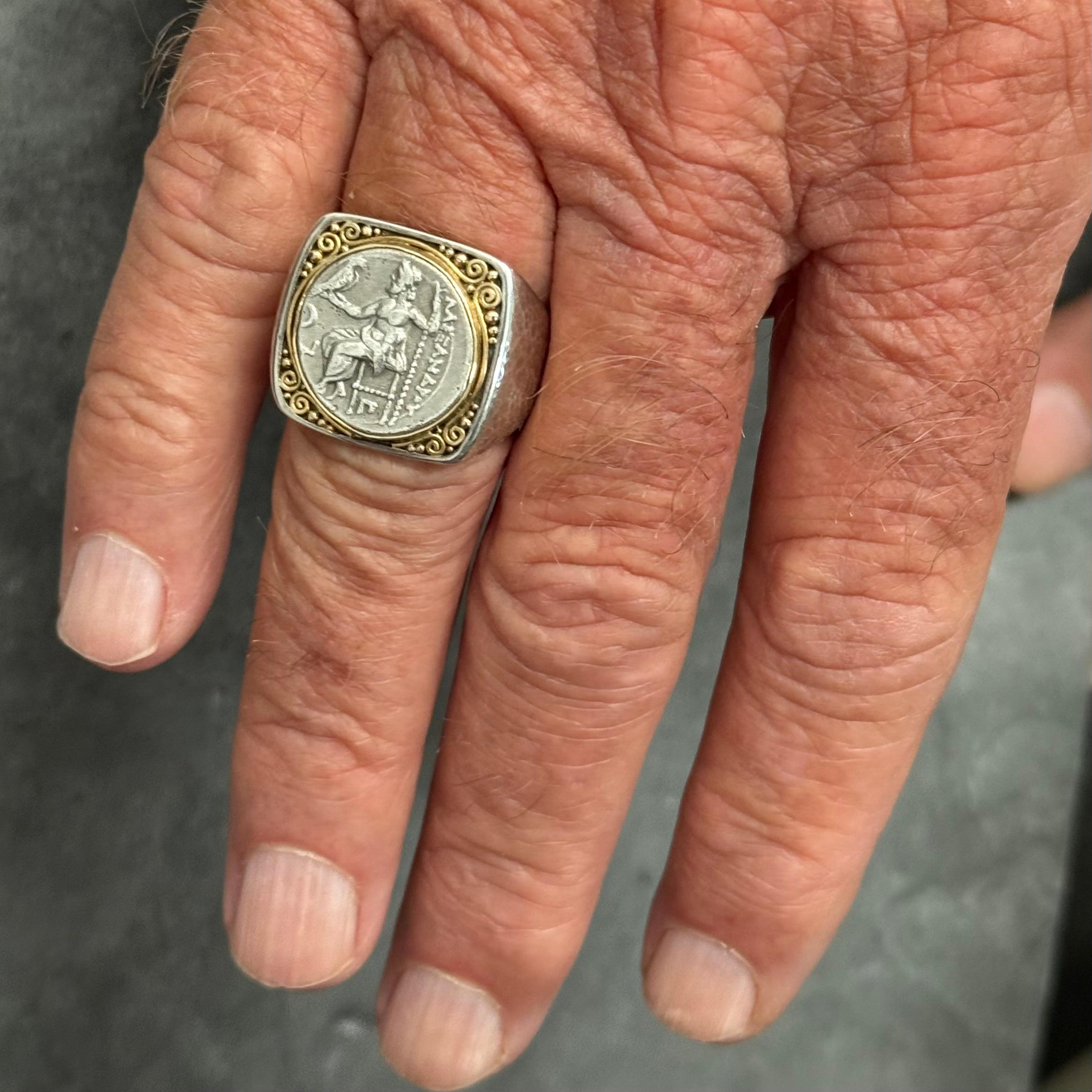 Bague grecque Alexander la Grande Coin du 4e siècle avant J.-C. en or 18 carats/argent sterling en vente 8
