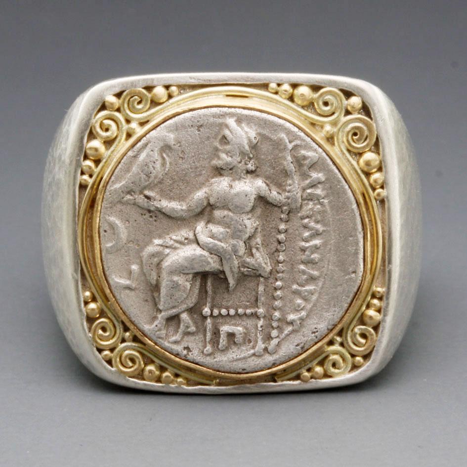 Contemporary Ancient Greek 4th Century BC Alexander the Great Coin 18K Gold/Sterling Ring For Sale