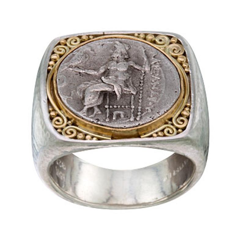 Women's or Men's Ancient Greek 4th Century BC Alexander the Great Coin 18K Gold/Sterling Ring For Sale