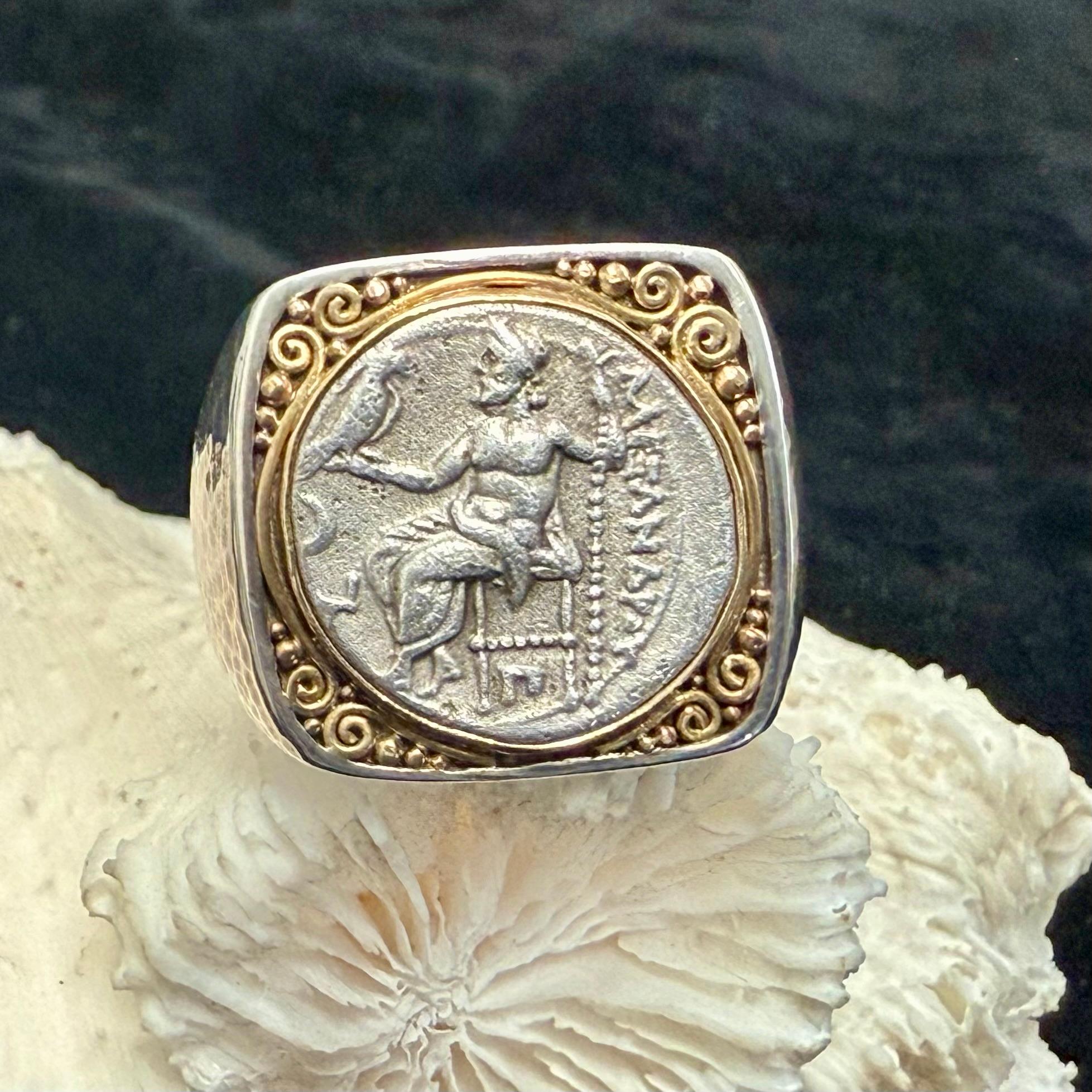 Ancient Greek 4th Century BC Alexander the Great Coin 18K Gold/Sterling Ring For Sale 1