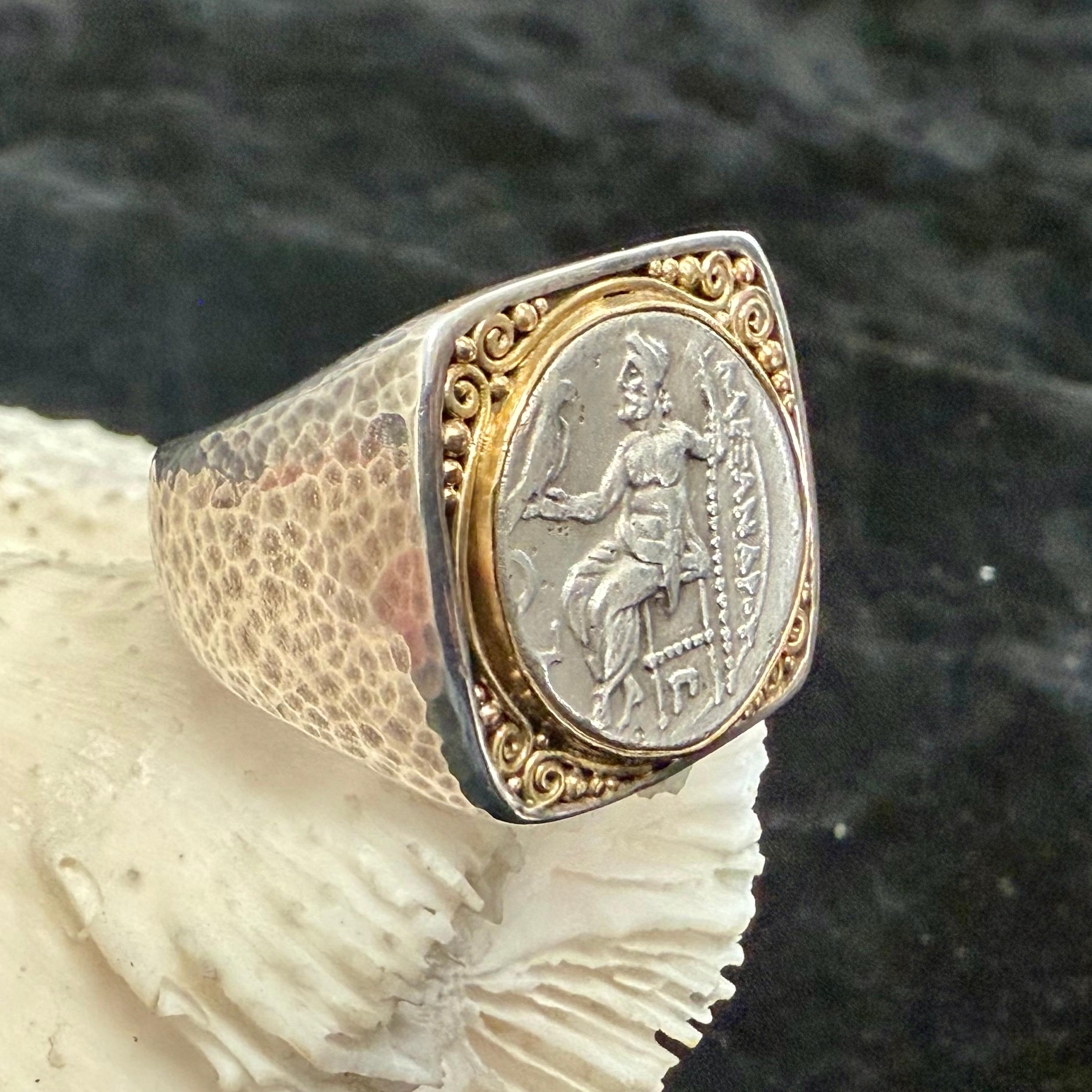 Ancient Greek 4th Century BC Alexander the Great Coin 18K Gold/Sterling Ring For Sale 2