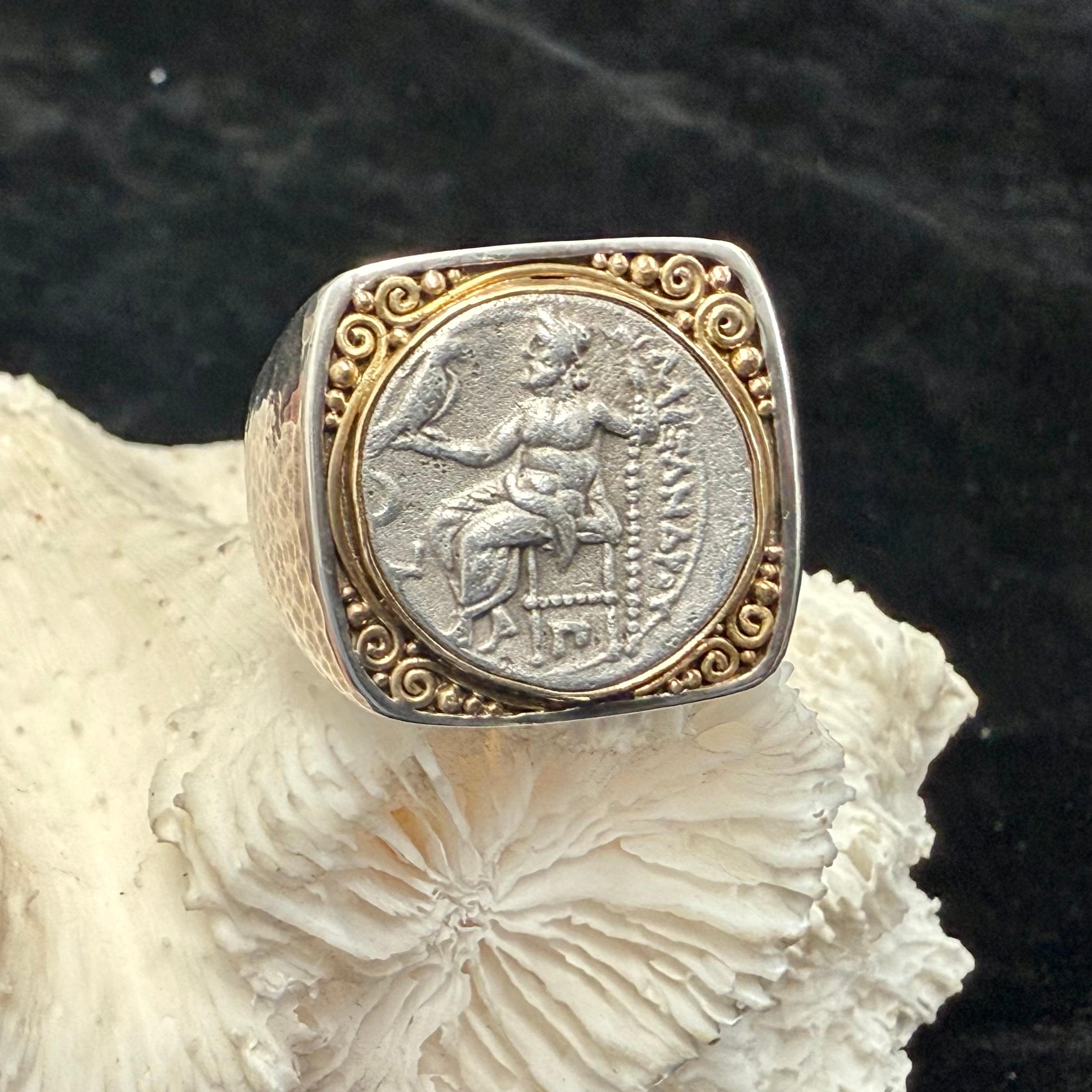 Ancient Greek 4th Century BC Alexander the Great Coin 18K Gold/Sterling Ring For Sale 3
