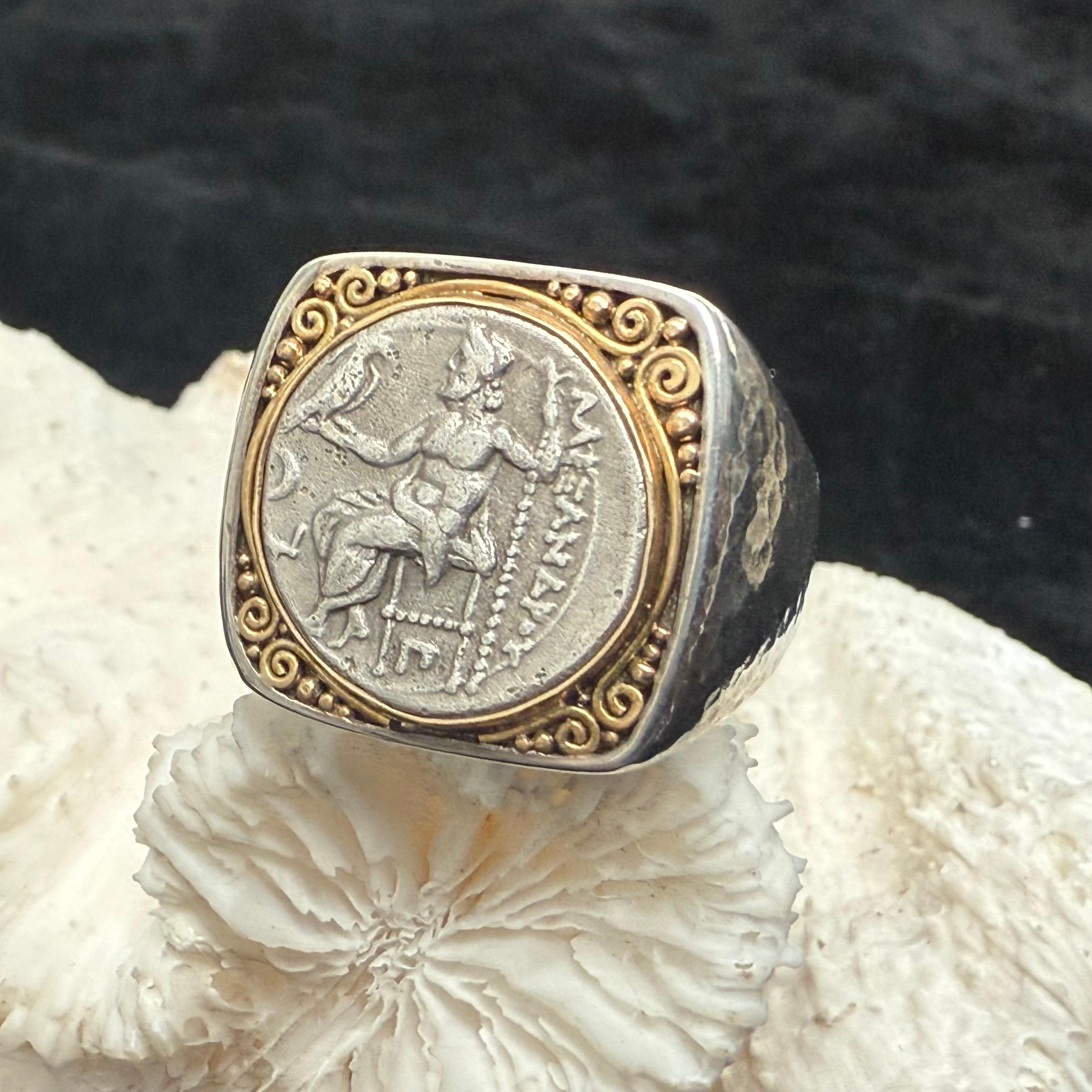 Ancient Greek 4th Century BC Alexander the Great Coin 18K Gold/Sterling Ring For Sale 4