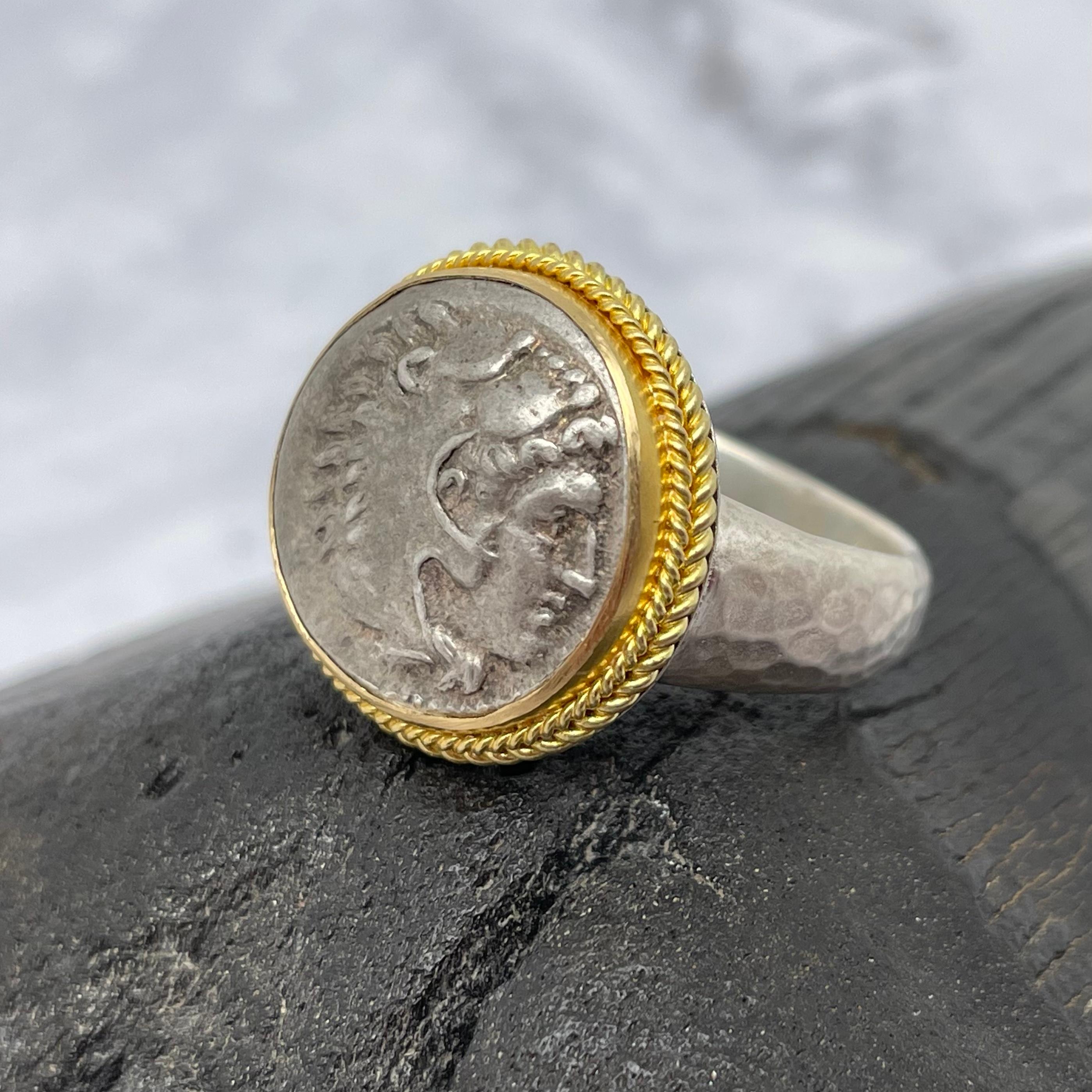 Classical Greek Ancient Greek 4th Century BC Alexander The Great Coin 18K/Sterling Mens Ring