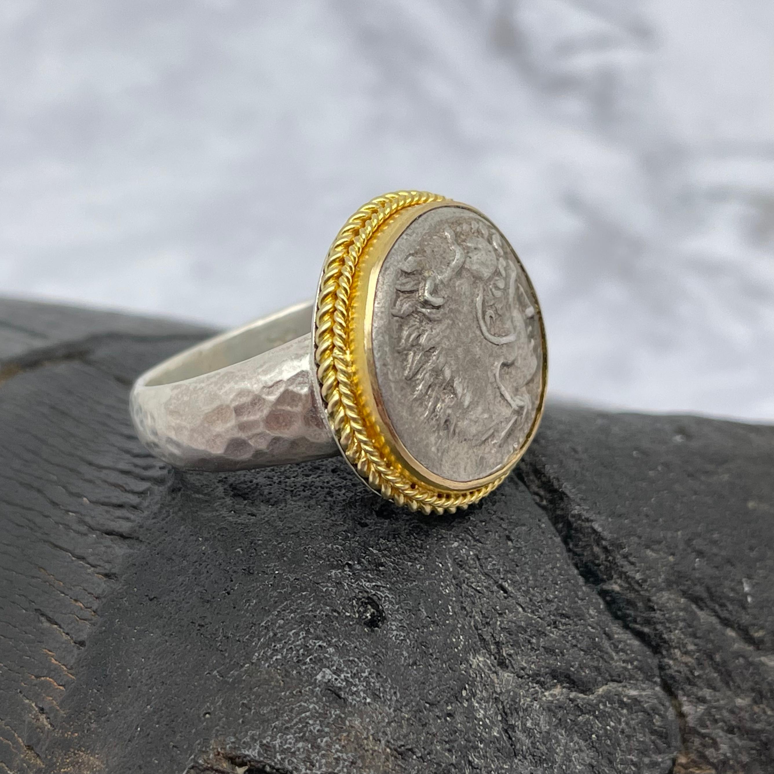 Ancient Greek 4th Century BC Alexander The Great Coin 18K/Sterling Mens Ring In New Condition In Soquel, CA