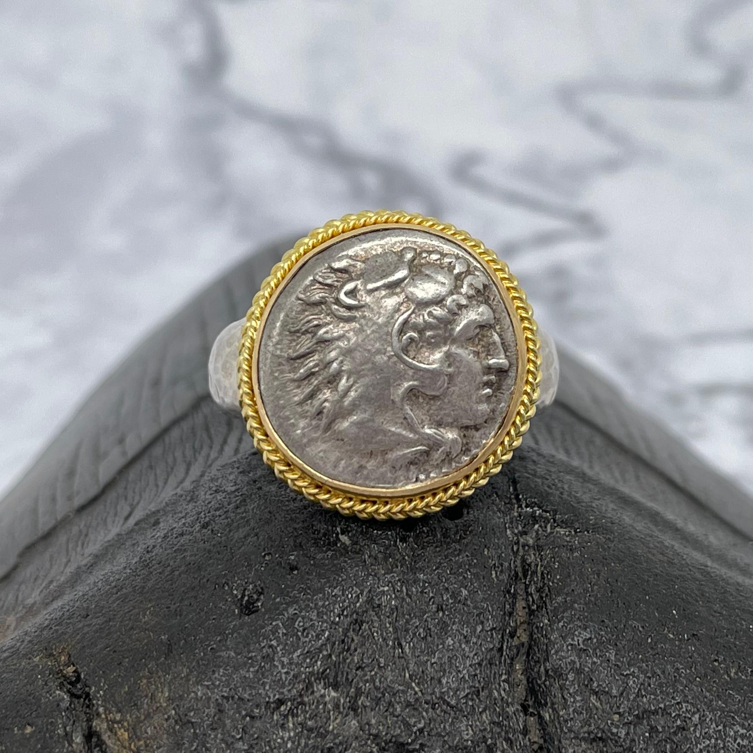 Women's or Men's Ancient Greek 4th Century BC Alexander The Great Coin 18K/Sterling Mens Ring