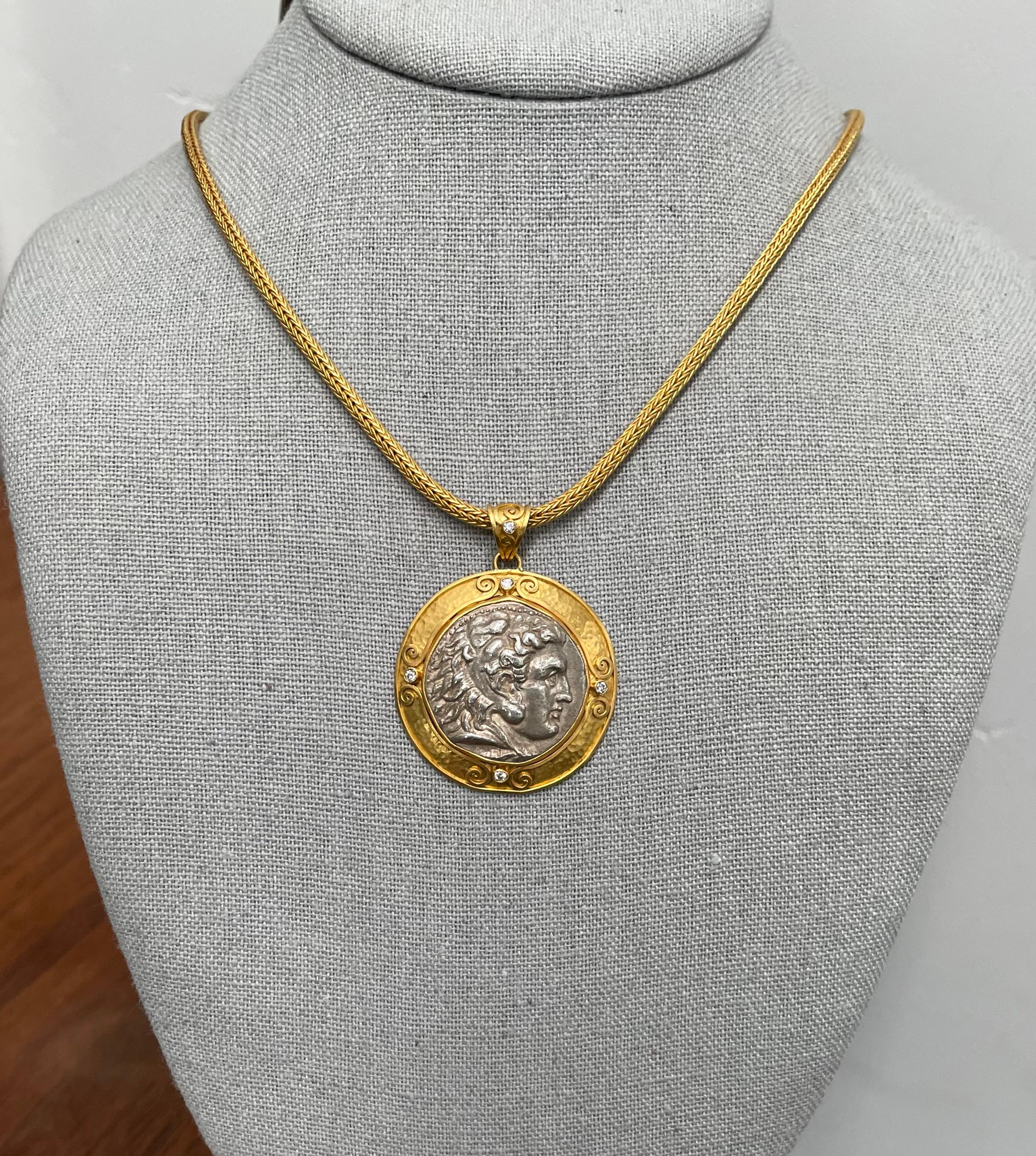 Classical Greek Ancient Greek 4th Century BC Alexander the Great Coin Diamonds 22K Gold Pendant