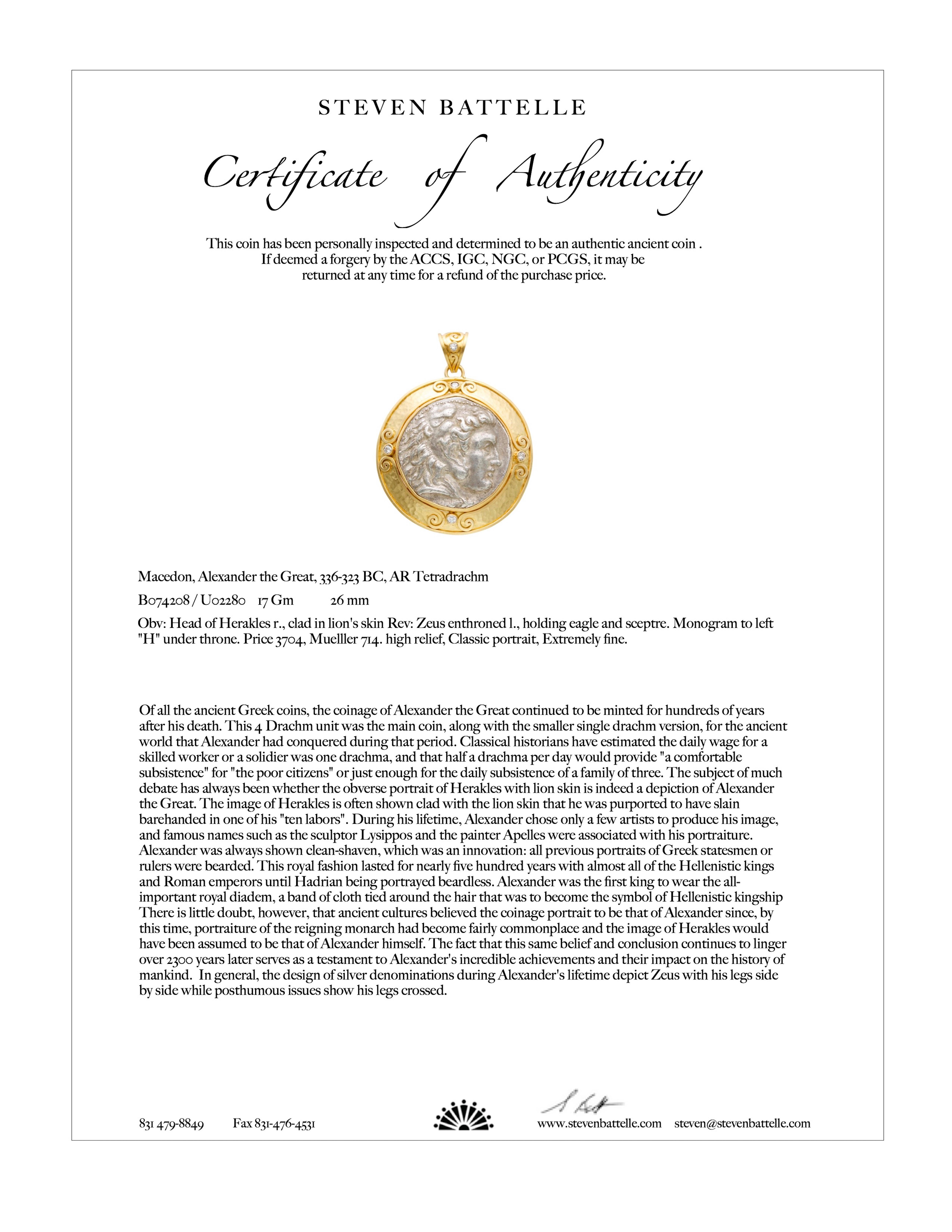 Ancient Greek 4th Century BC Alexander the Great Coin Diamonds 22K Gold Pendant In New Condition In Soquel, CA