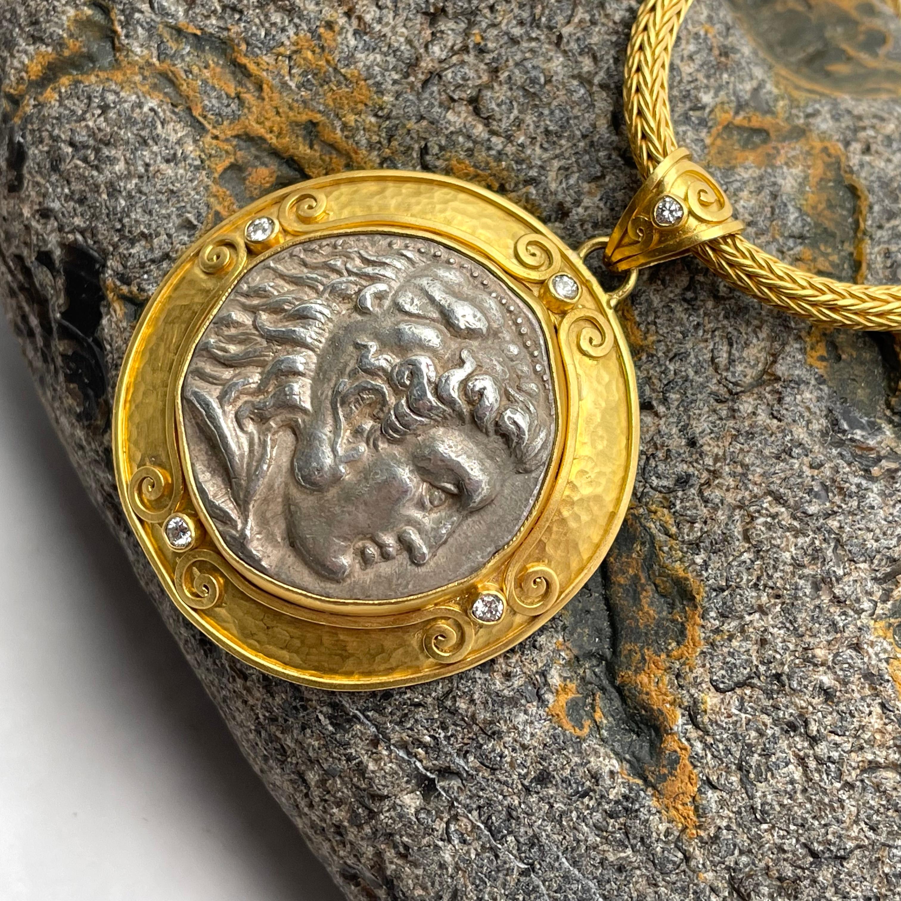 Women's or Men's Ancient Greek 4th Century BC Alexander the Great Coin Diamonds 22K Gold Pendant