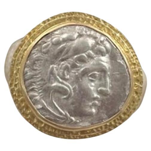 Ancient Greek 4th Century BC Alexander the Great Coin Silver 18K Gold Mens Ring For Sale