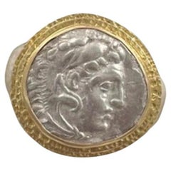 Ancient Greek 4th Century BC Alexander the Great Coin Silver 18K Gold Mens Ring