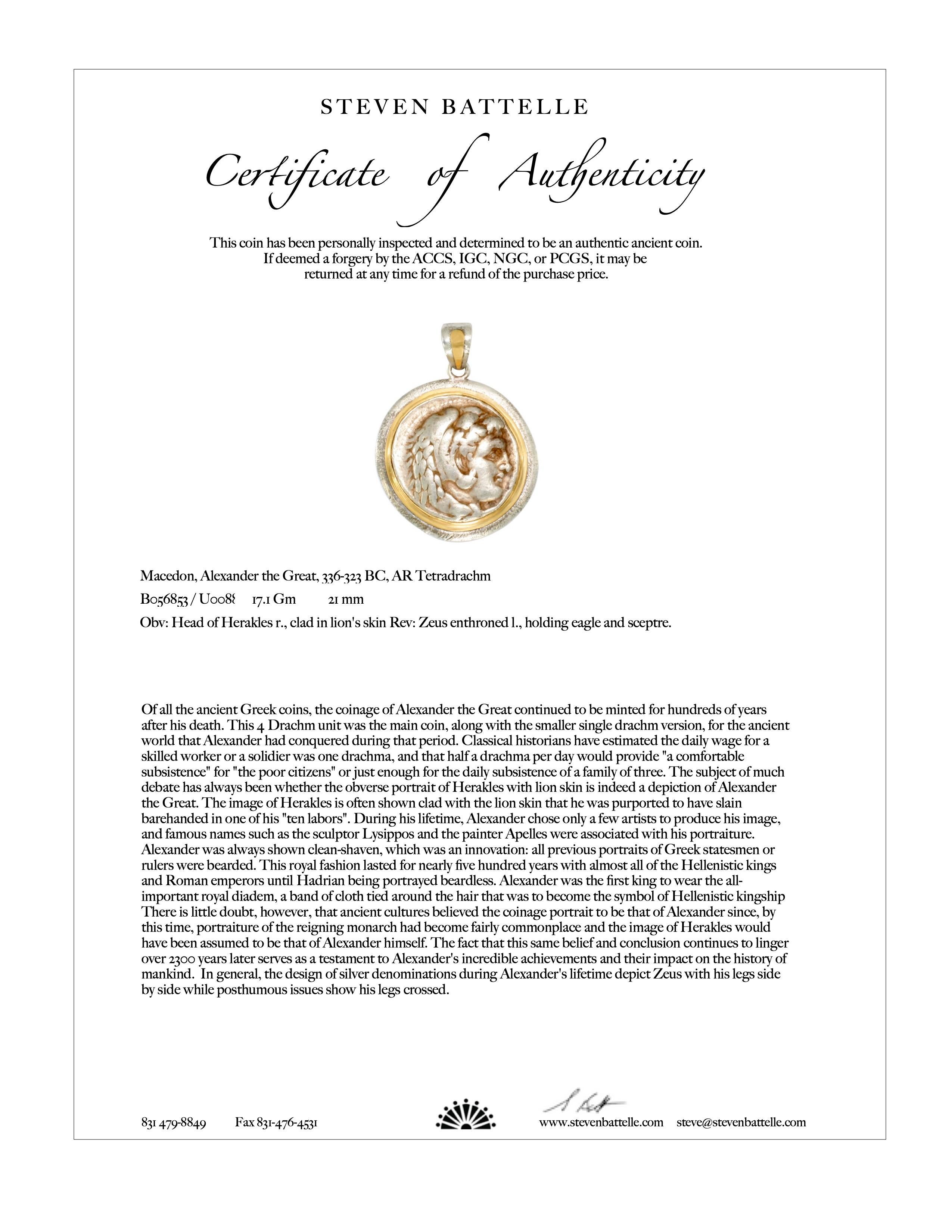 Women's or Men's Ancient Greek 4th Century BC Alexander the Great Coin Silver/18K Gold Pendant For Sale