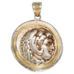 Ancient Greek 4th Century BC Alexander the Great Coin Silver/18K Gold Pendant
