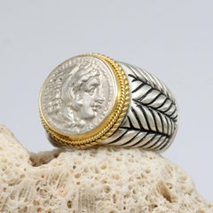 Anello con moneta antica greca del IV secolo a.C. di Alexander il Grande, in argento e oro 18 carati