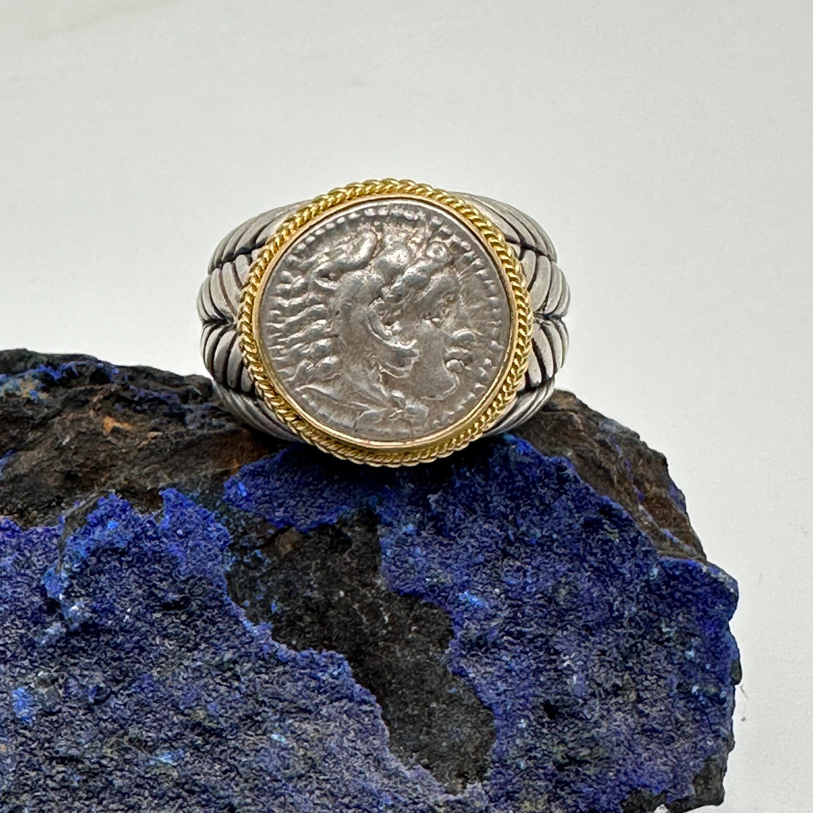 Classical Greek Ancient Greek 4th Century BC Alexander the Great Coin Silver/18K Gold Ring For Sale