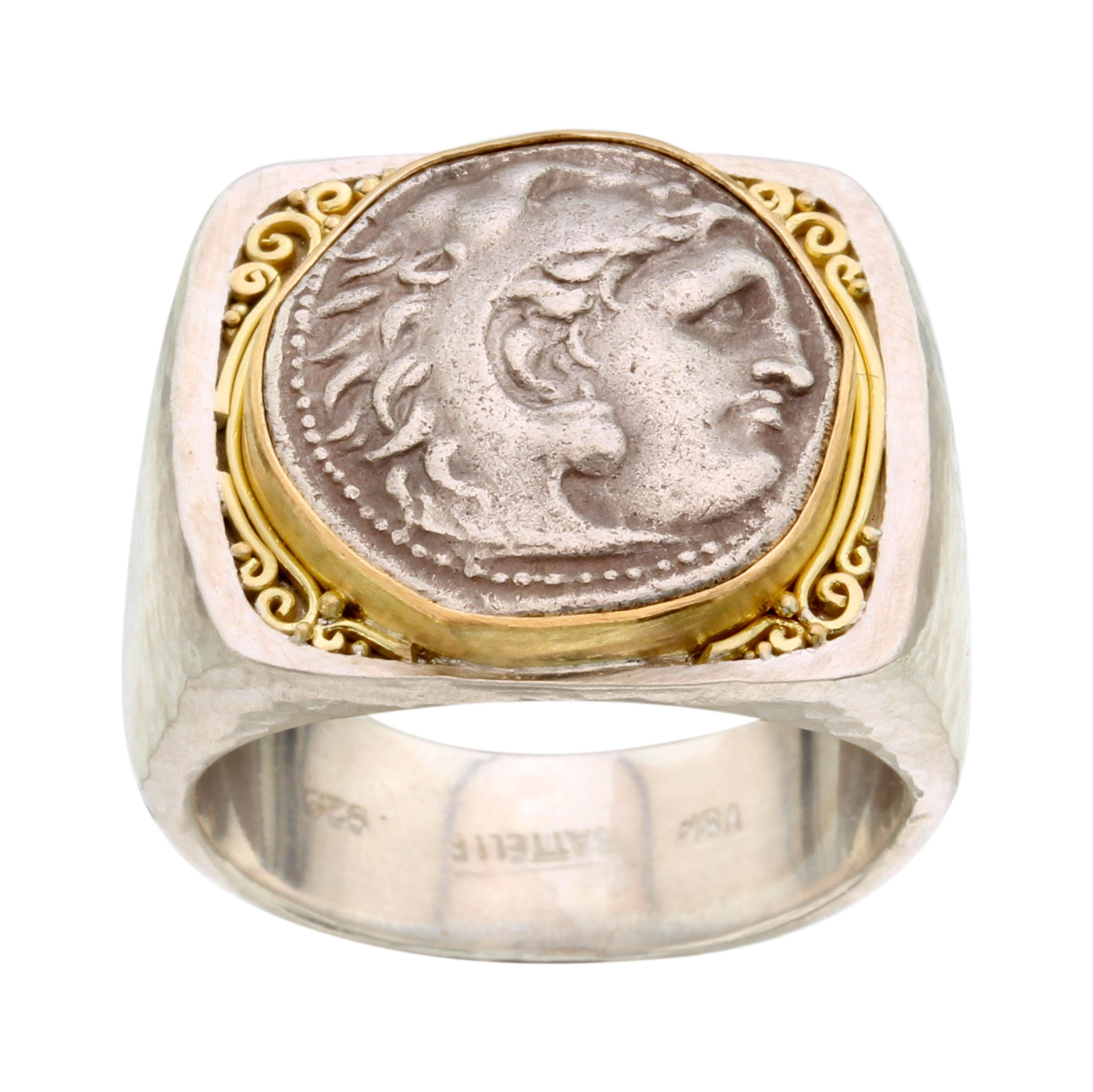 Anello con moneta antica greca del IV secolo a.C. di Alexander il Grande, in argento e oro 18 carati in vendita 1