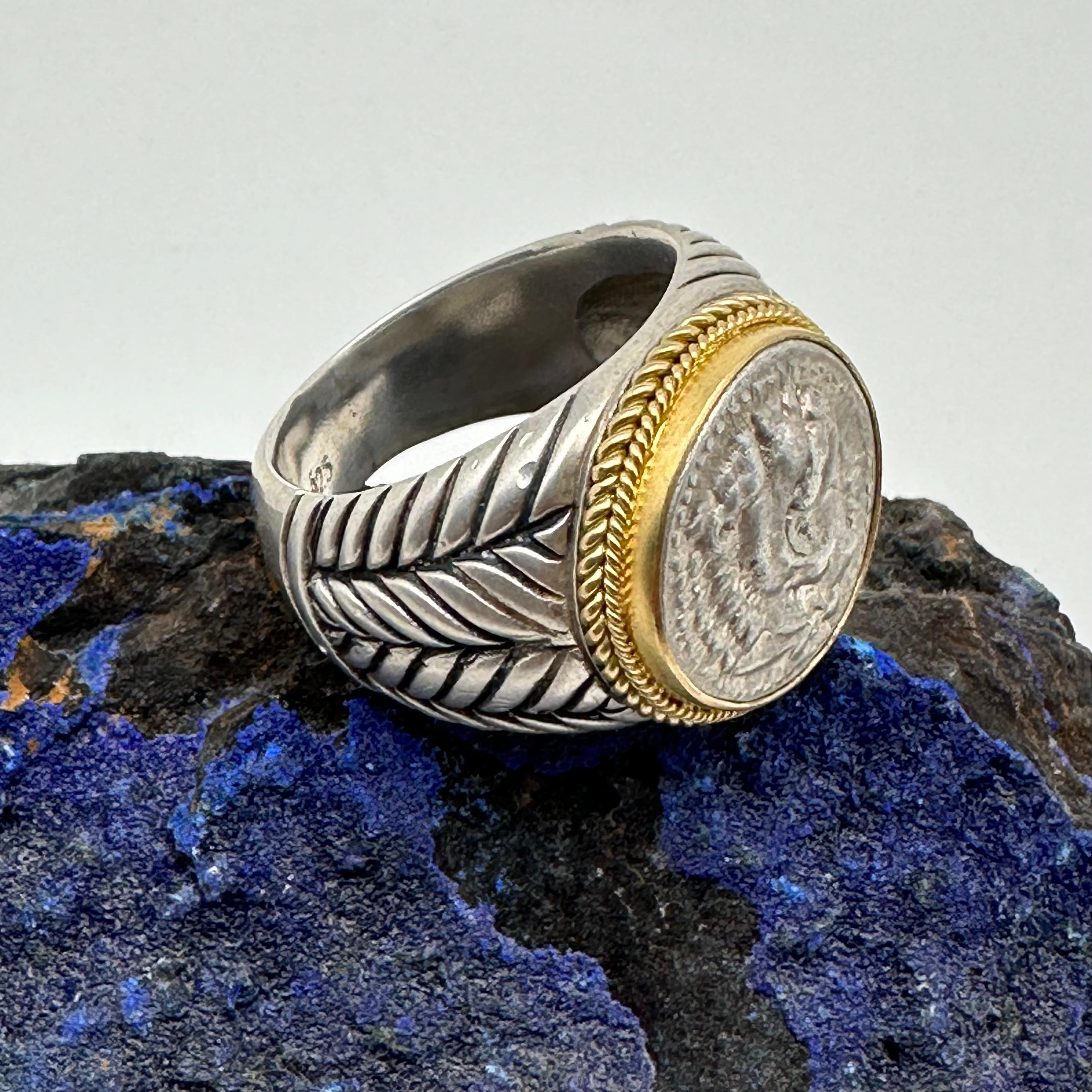 Ancient Greek 4th Century BC Alexander the Great Coin Silver/18K Gold Ring For Sale 1