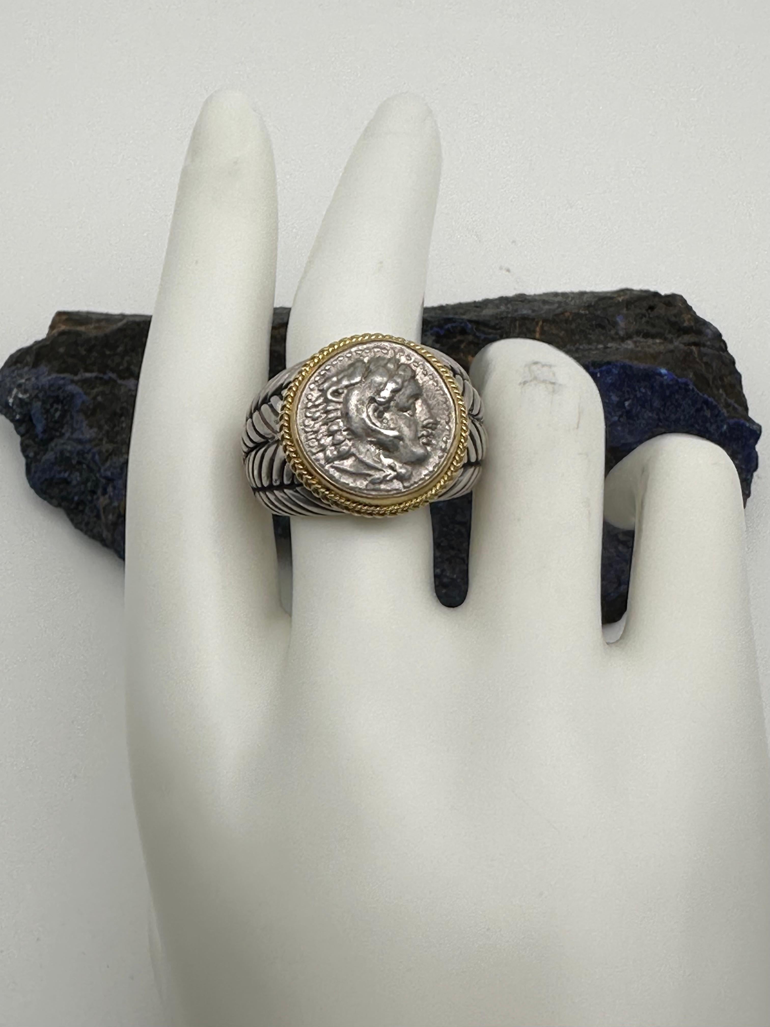 Bague grecque Alexander la Grande Coin du 4e siècle avant J.-C. en argent et or 18 carats en vente 3