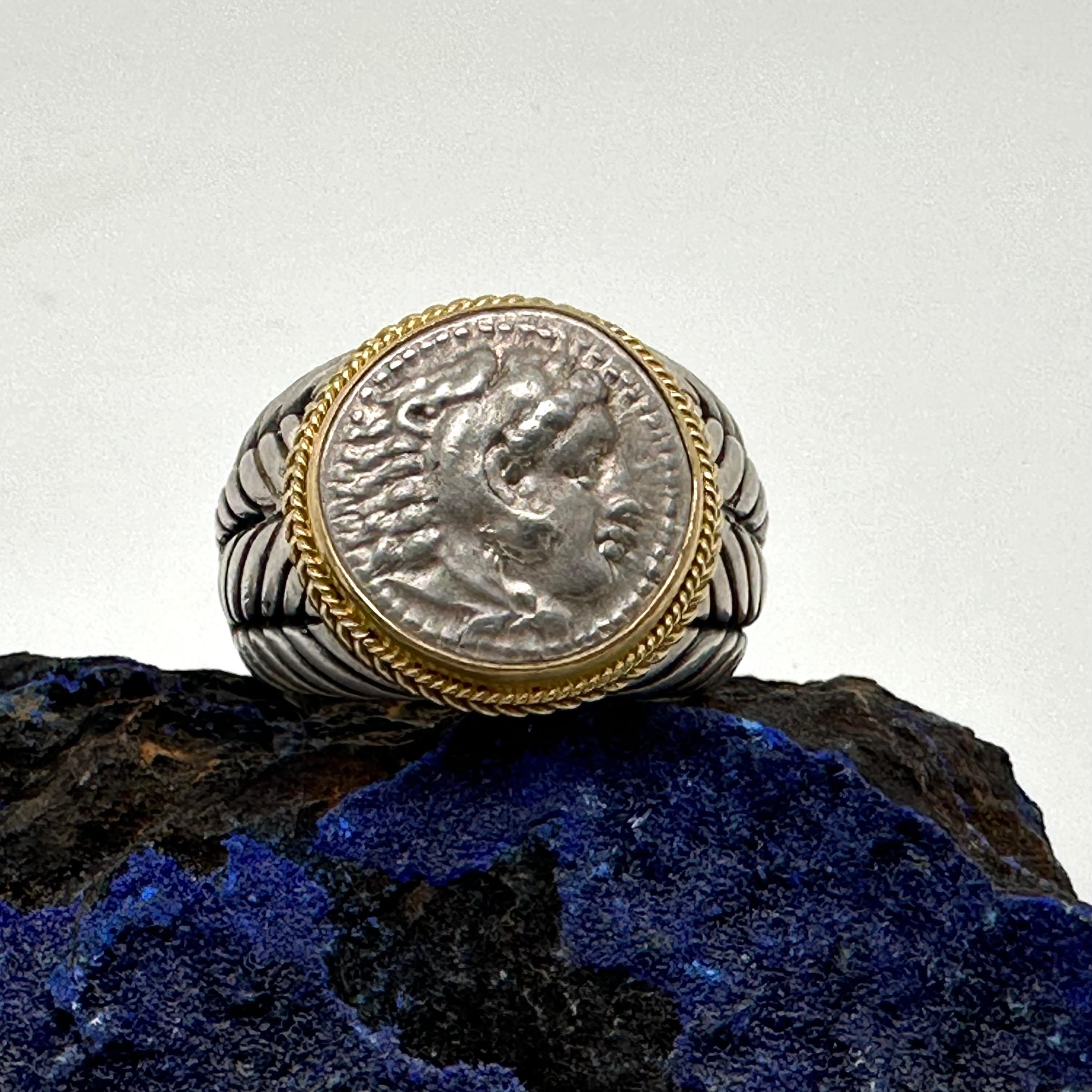 Ancient Greek 4th Century BC Alexander the Great Coin Silver/18K Gold Ring For Sale 3