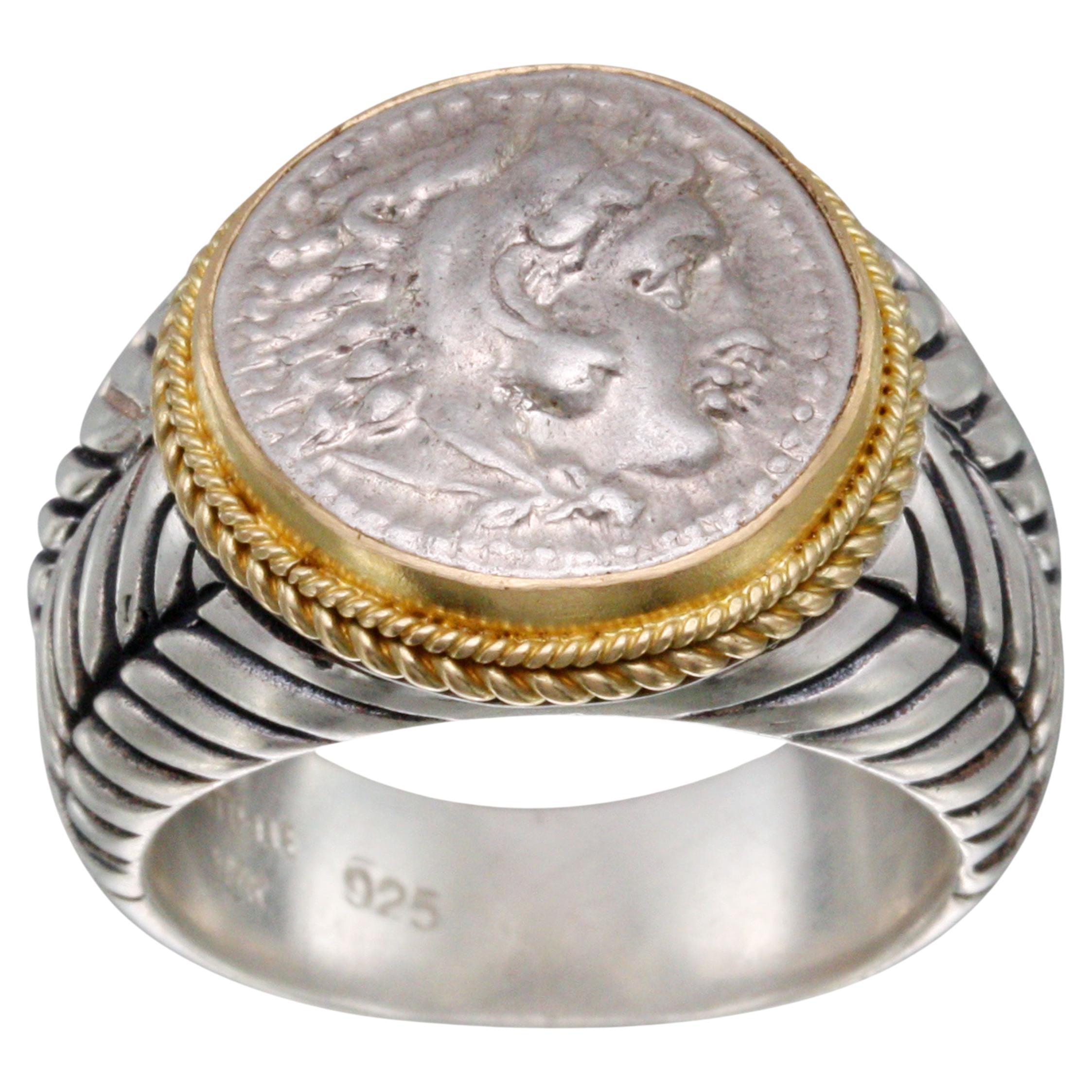 Ancient Greek 4th Century BC Alexander the Great Coin Silver/18K Gold Ring For Sale