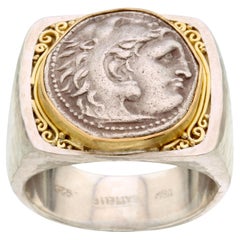 Ancient Greek 4th Century BC Alexander the Great Coin Silver/18K Gold Ring