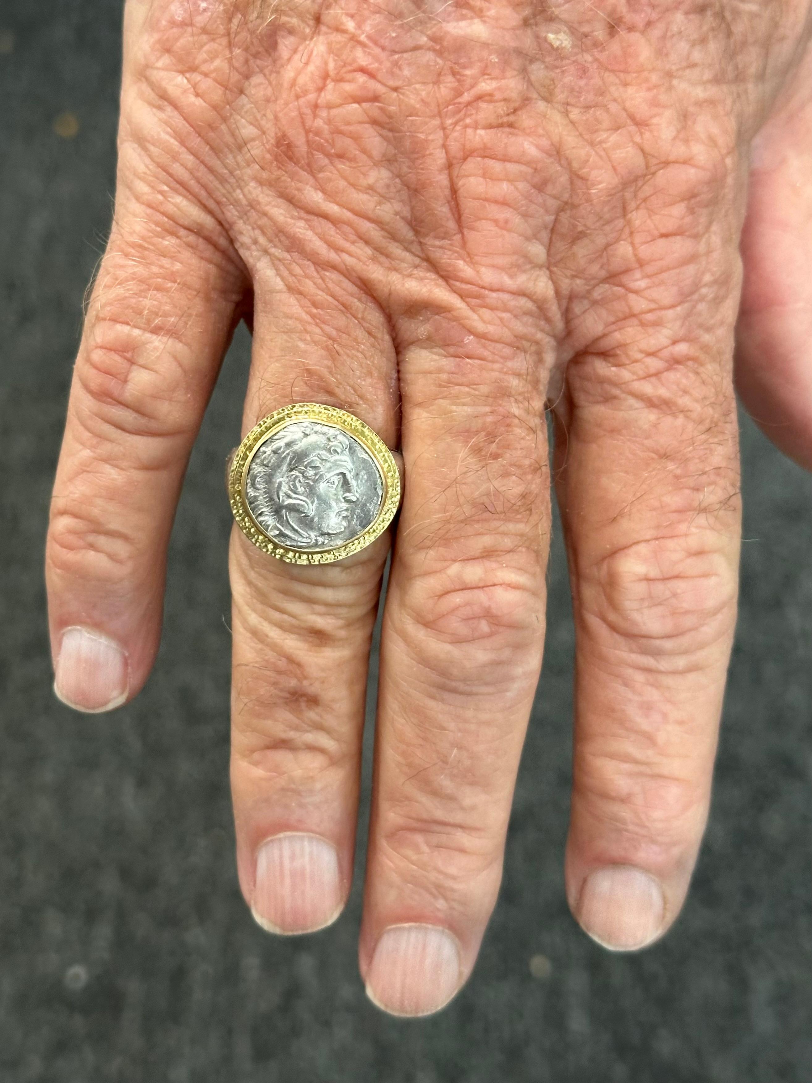 Classical Greek Ancient Greek 4th Century BC Alexander the Great Coin Silver 18K Gold Mens Ring For Sale