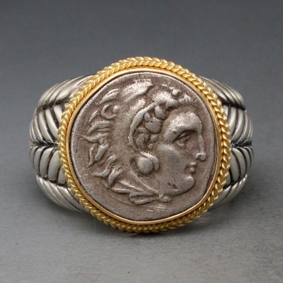 Ancient Greek 4th Century BC Alexander the Great Silver/18K Gold Mens Ring 3