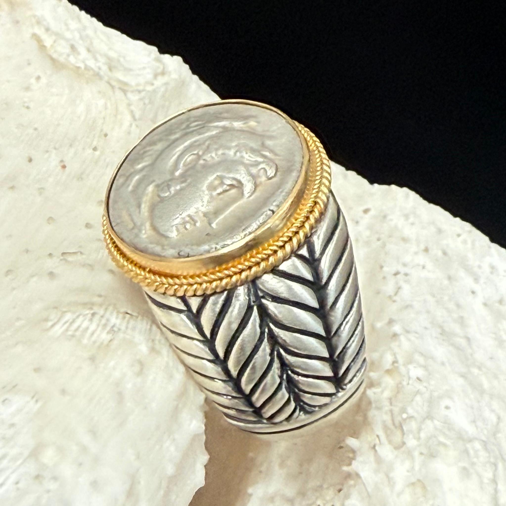 Ancient Greek 4th Century BC Alexander the Great Silver/18K Gold Mens Ring 5