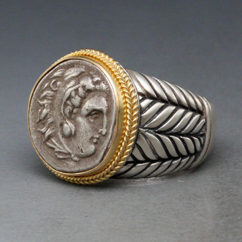 Ancient Greek 4th Century BC Alexander the Great Silver/18K Gold Mens Ring 4