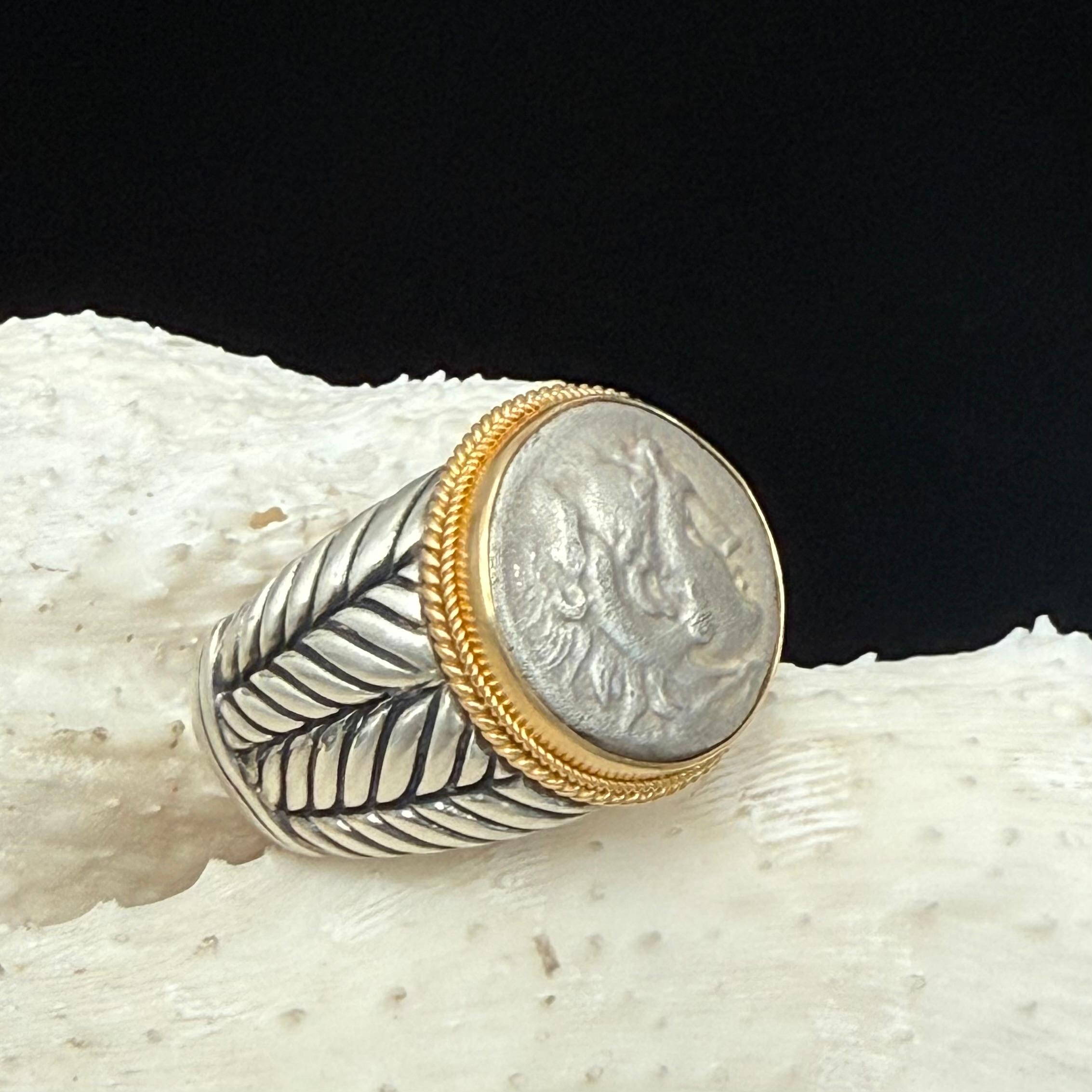 Ancient Greek 4th Century BC Alexander the Great Silver/18K Gold Mens Ring 6
