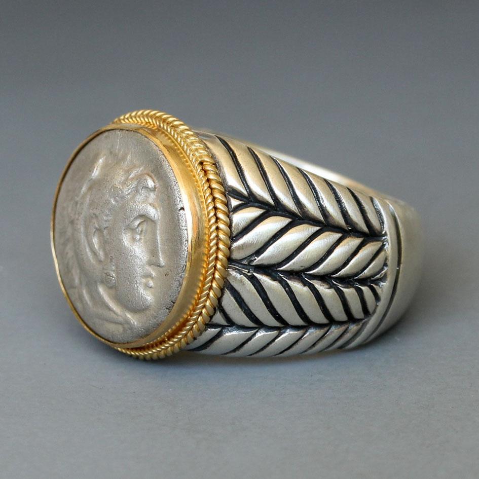 Classical Greek Ancient Greek 4th Century BC Alexander the Great Silver/18K Gold Mens Ring