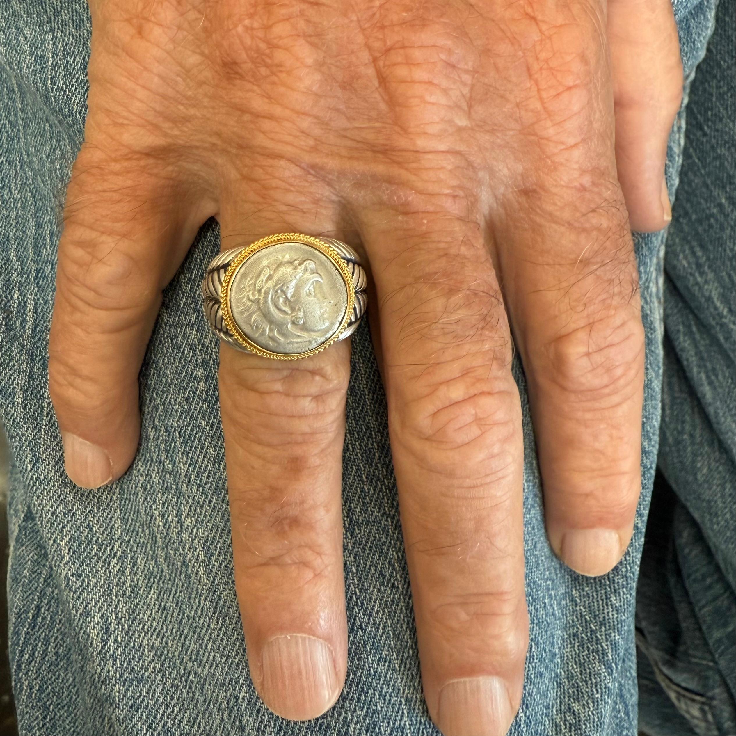 Women's or Men's Ancient Greek 4th Century BC Alexander the Great Silver/18K Gold Mens Ring