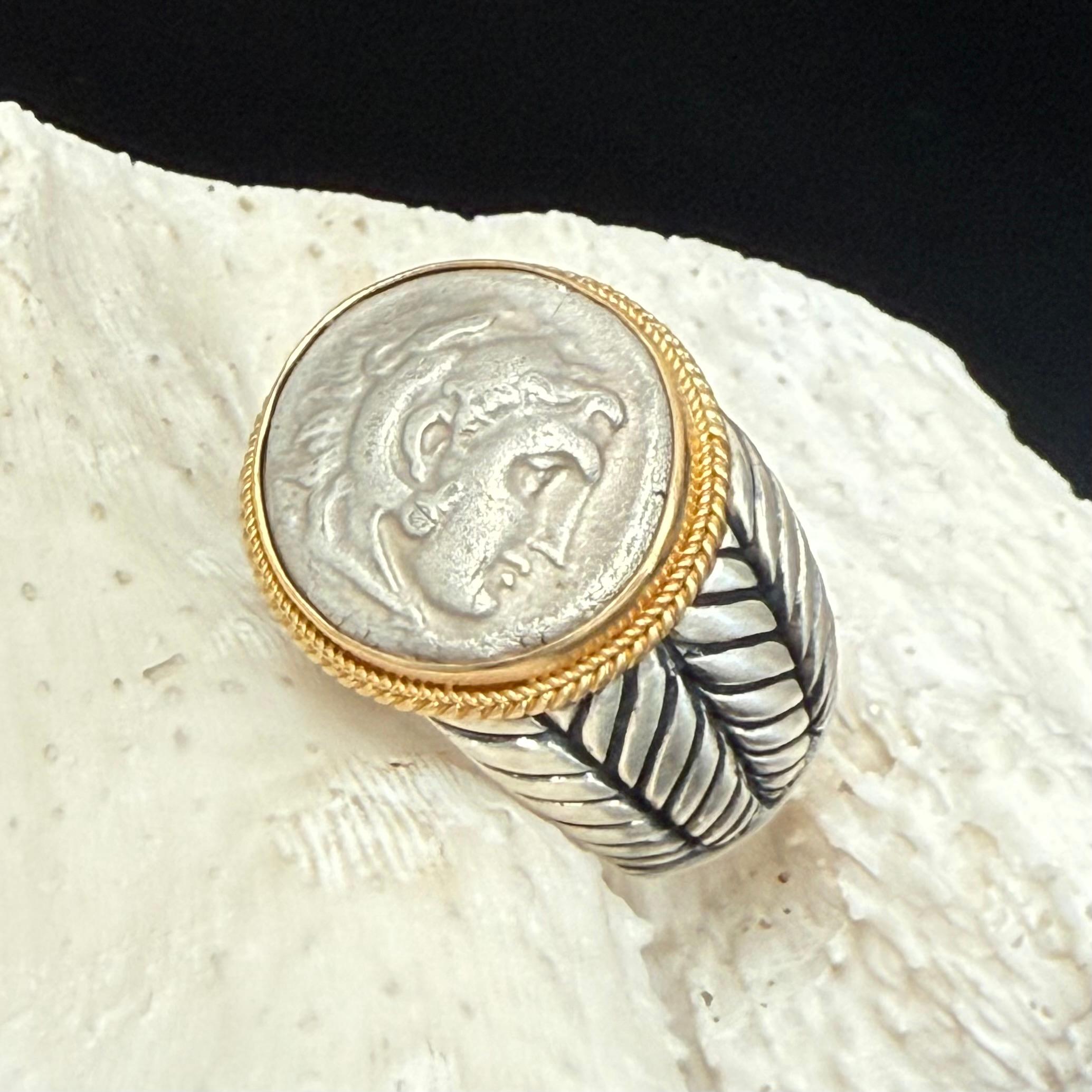 Ancient Greek 4th Century BC Alexander the Great Silver/18K Gold Mens Ring 2