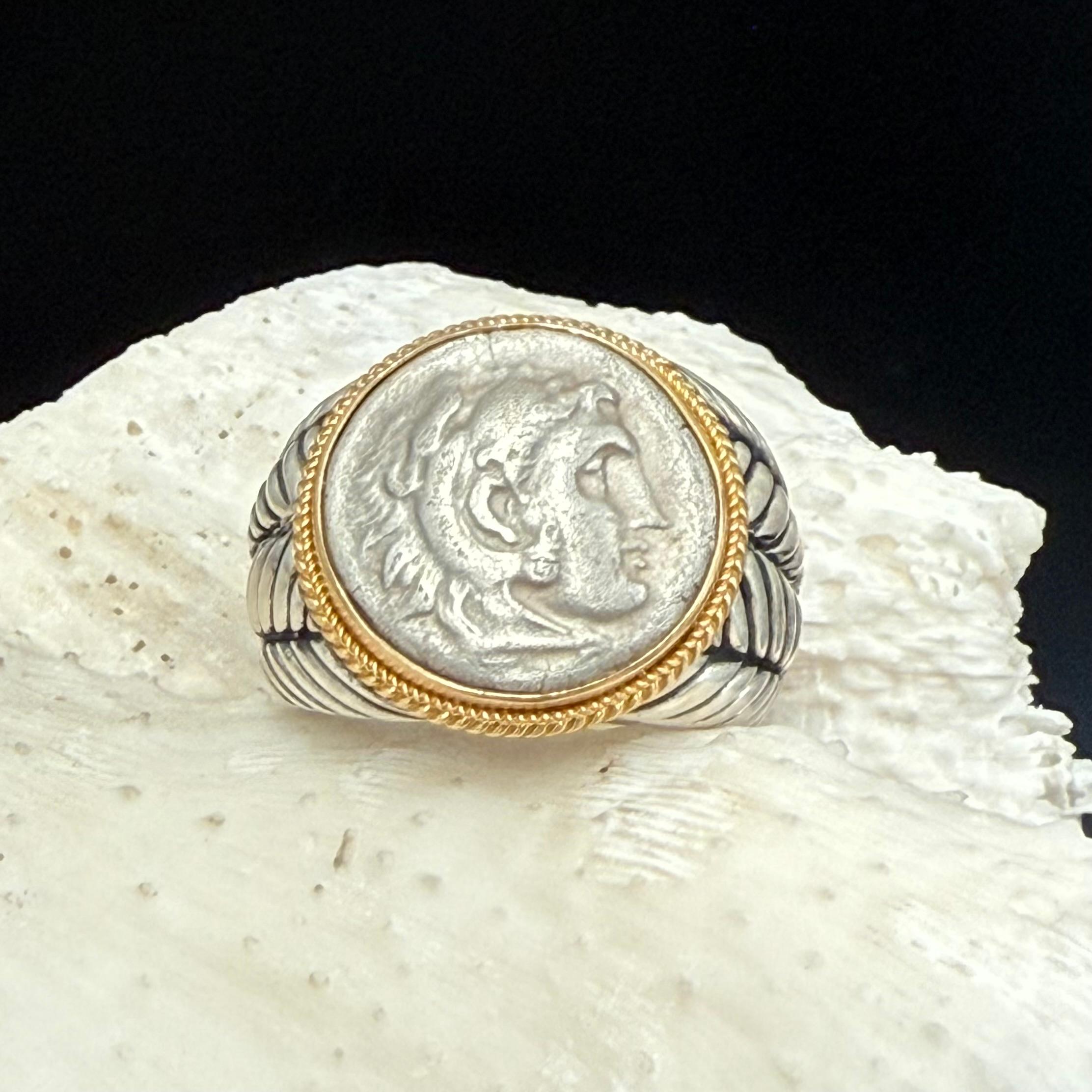 Ancient Greek 4th Century BC Alexander the Great Silver/18K Gold Mens Ring 3